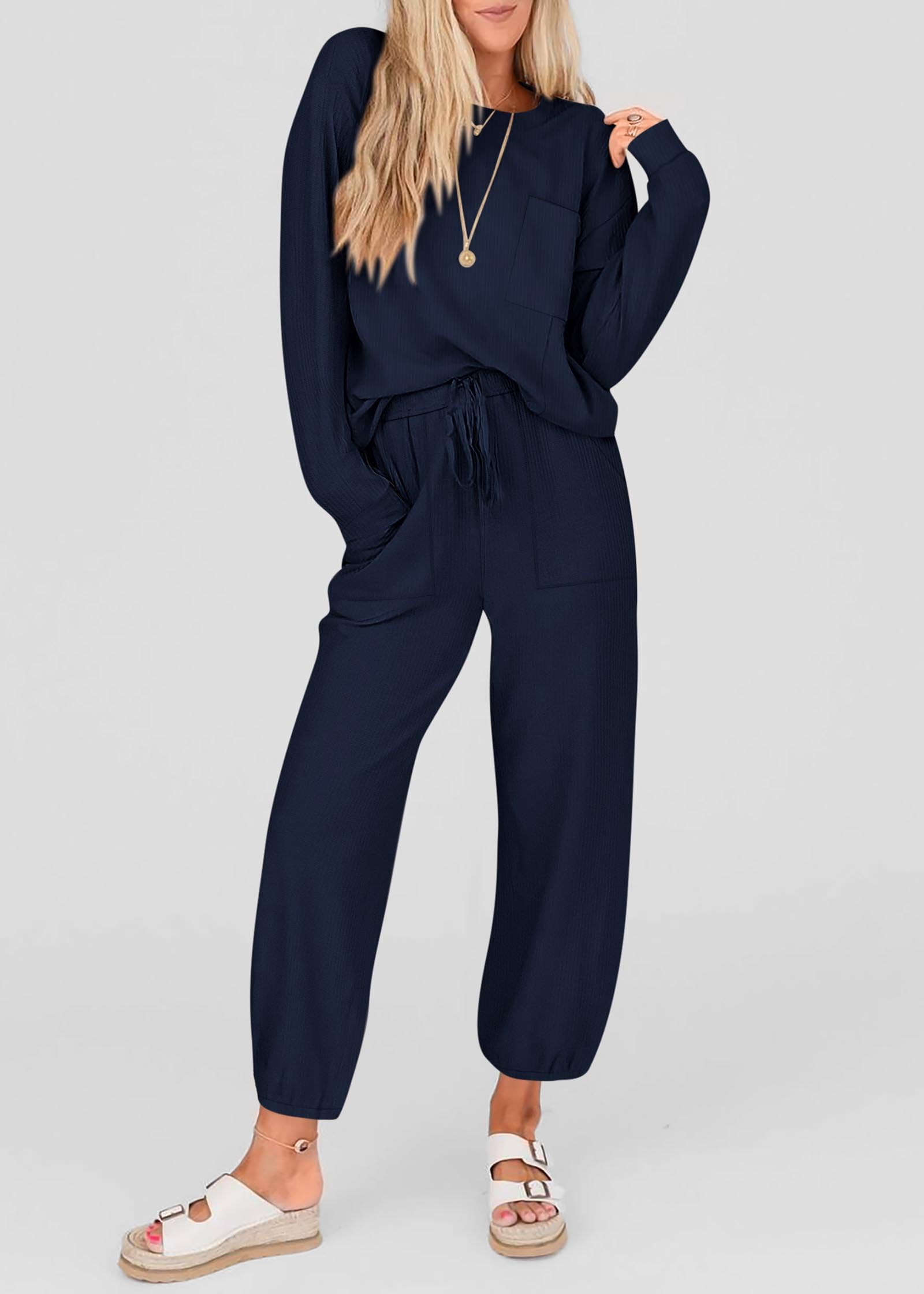 KIRUNDO Women's Lightweight Lounge Set - Comfy Travel & Airport Outfits with Drawstring Pants & Tops - Perfect for Postpartum, Jogging & Relaxation at Home