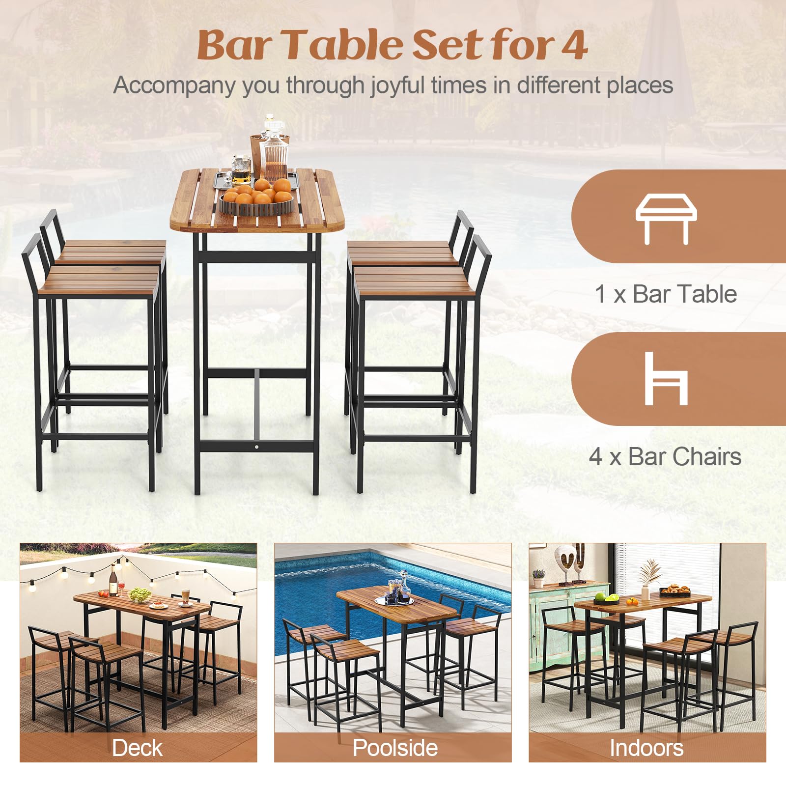 Tangkula 5-Piece Acacia Wood Outdoor Bar Table Set with Metal Frame & Footrest - Patio Bar Height Table & Chairs for 4, Perfect for Deck, Garden, Poolside & Backyard Entertaining