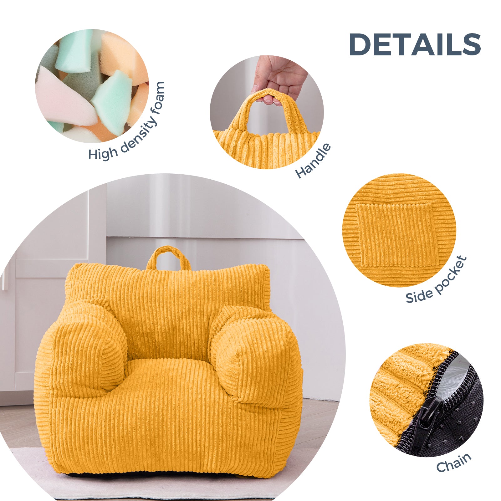 MAXYOYO Kids Bean Bag Chair - Soft Corduroy Bean Bag Couch with Armrests for Children's Room, Playroom & Nursery (Yellow) | Perfect for Reading, Gaming & Relaxing