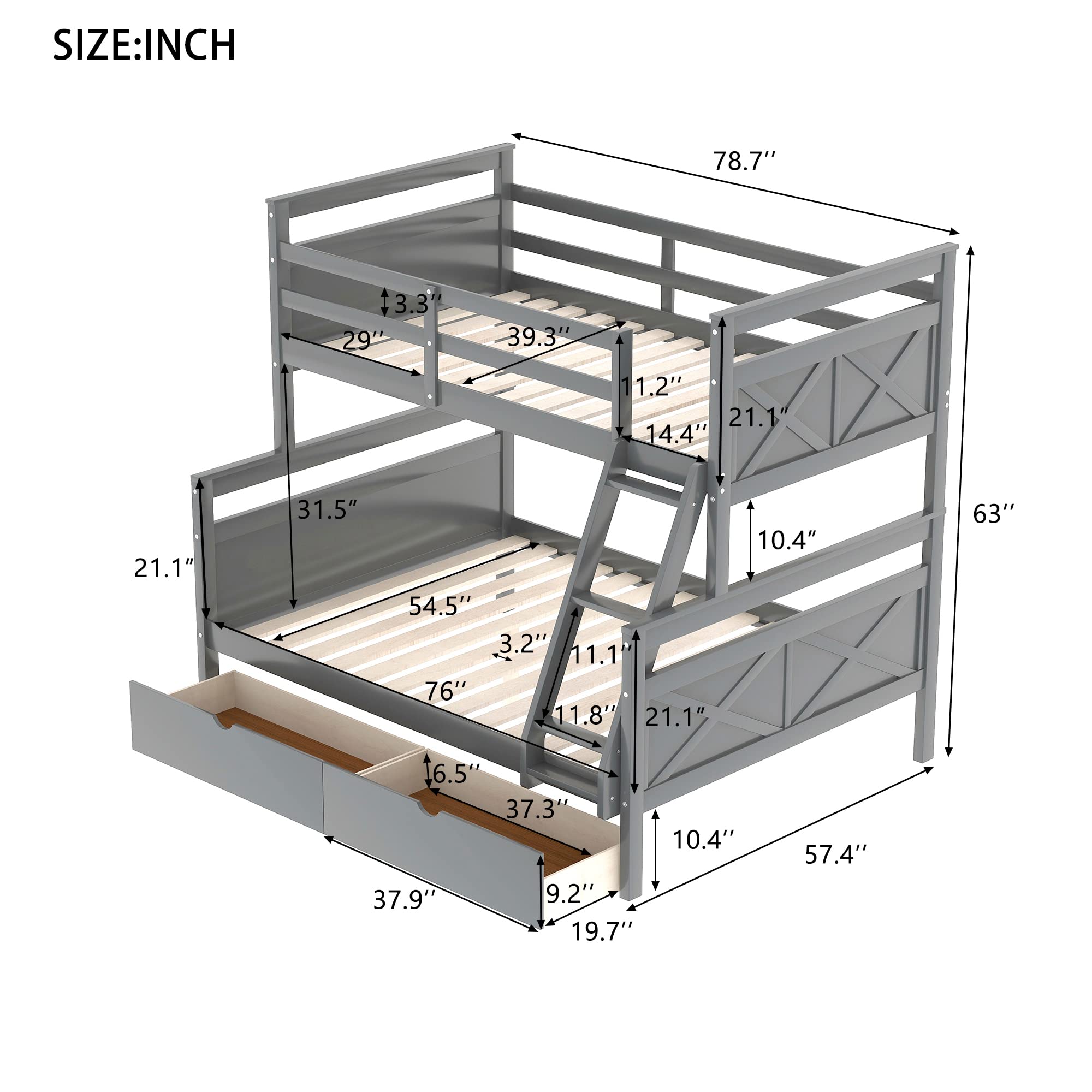SOFTSEA Twin Over Full Bunk Beds with Storage Drawers & High Safety Guardrails - Space-Saving Kids Bedroom Furniture, No Box Spring Required (Gray) - Perfect for Small Rooms, Shared Kids' Bedrooms & Sleepovers