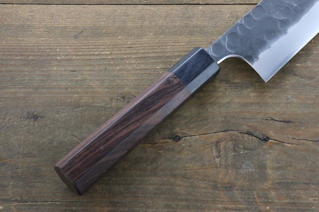 Premium Seisuke Blue Steel No.2 Hammered Kurouchi Santoku Knife 180mm with Shitan Handle - Japanese Chef Knife for Slicing, Dicing & Chopping Vegetables, Meat & Fish