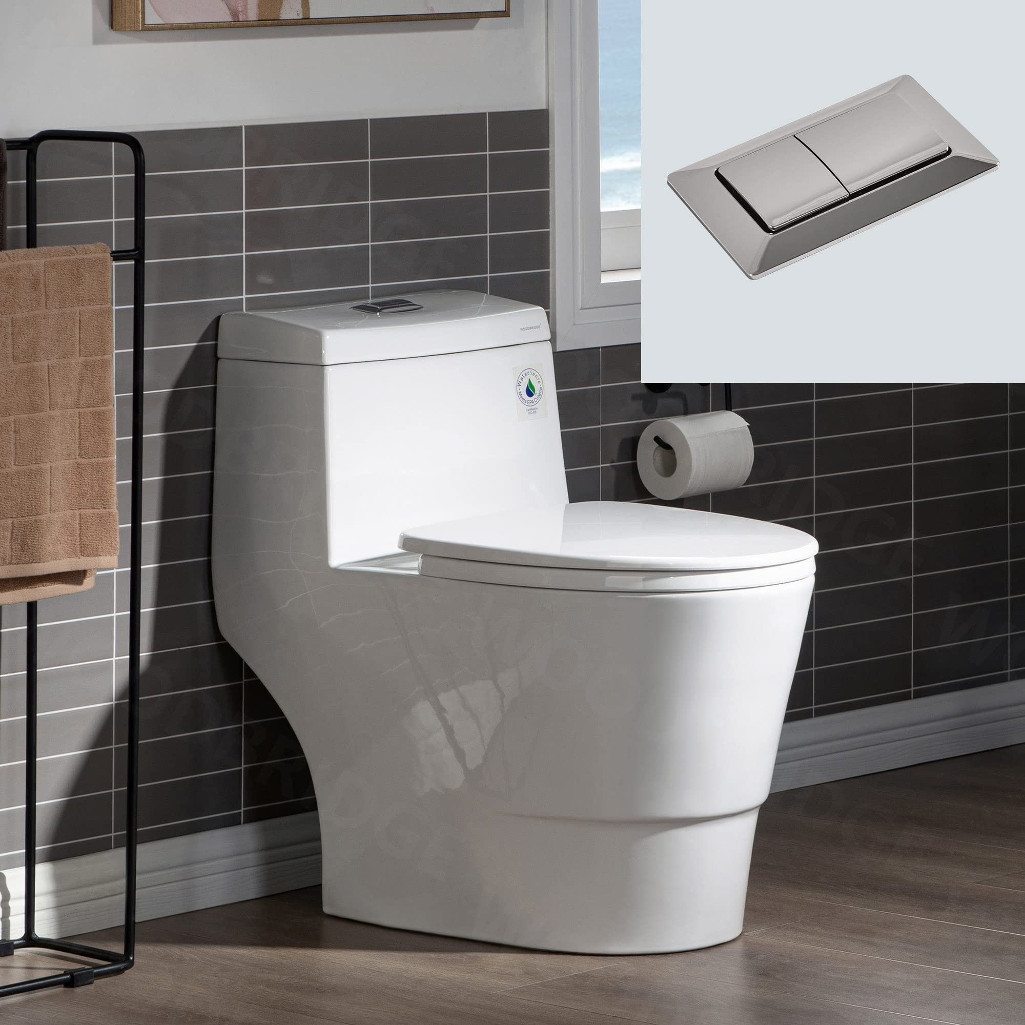 WOODBRIDGE One Piece Toilet with Soft Closing Seat - Chair Height ADA Compliant, 1.28 GPF Dual Flush Water Saving Toilet with 1000g MaP Flushing Score & Brushed Nickel Button (T0001-BN, White) - Perfect for Modern Bathrooms, Small Spaces & Water Conservation Homes