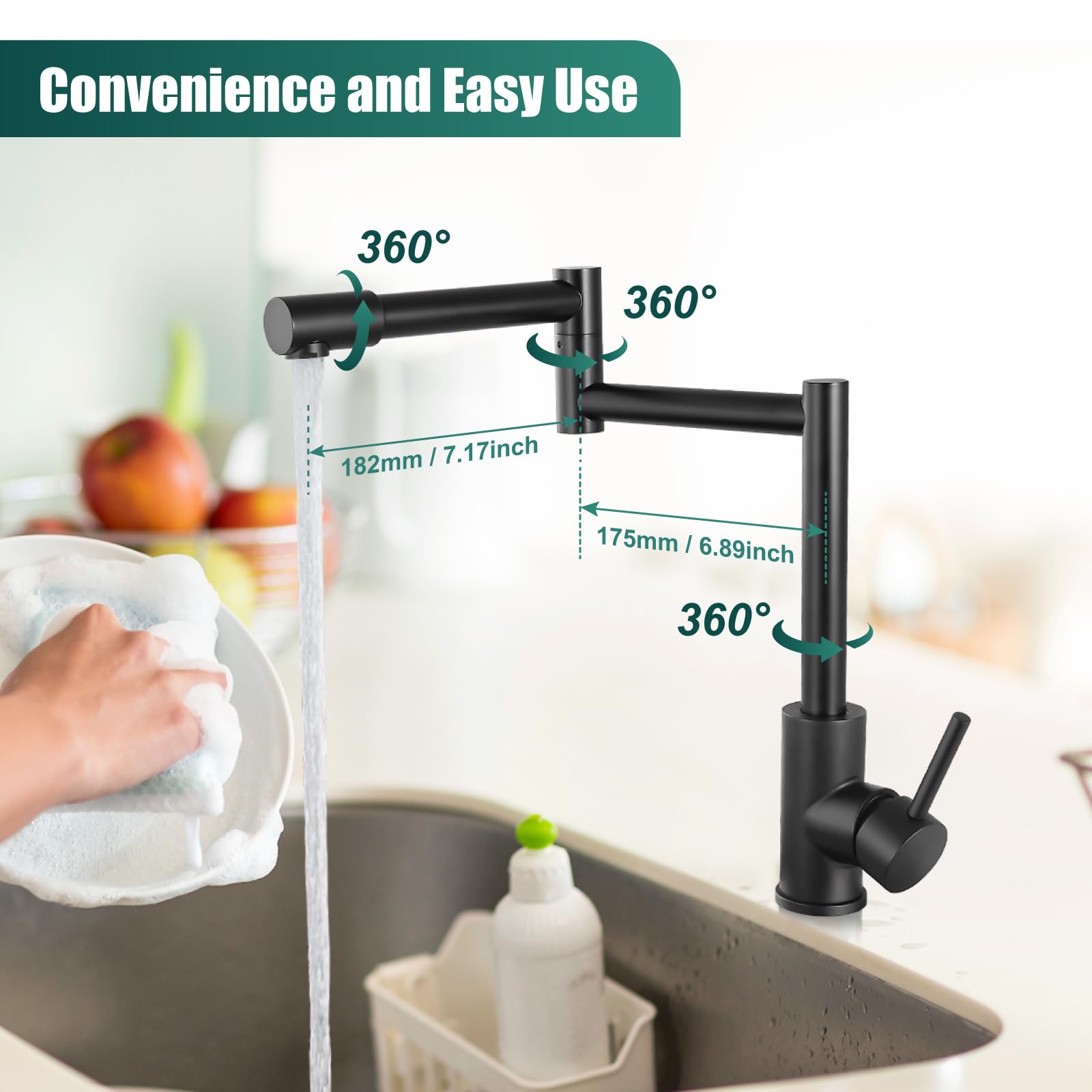 **360° Rotating Matte Black Pot Filler Faucet - Deck Mount Single Handle Kitchen Sink Faucet with Retractable Double Joints for Easy Cooking & Filling Large Pots**    *(Perfect for Modern Kitchens, Soup Making, Pasta Cooking & Heavy-Duty Food Prep)*