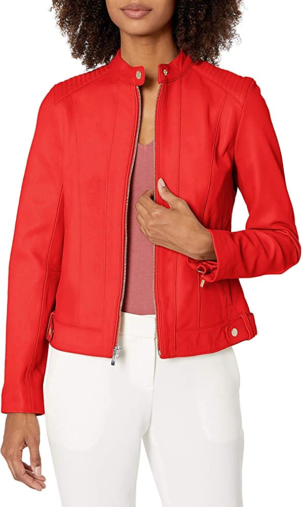 Genuine Lambskin Leather Jacket for Women - Quilted Design, Red Color, Size Large | Stylish Outerwear for Fall & Winter Fashion, Motorcycle Riding, Night Out
