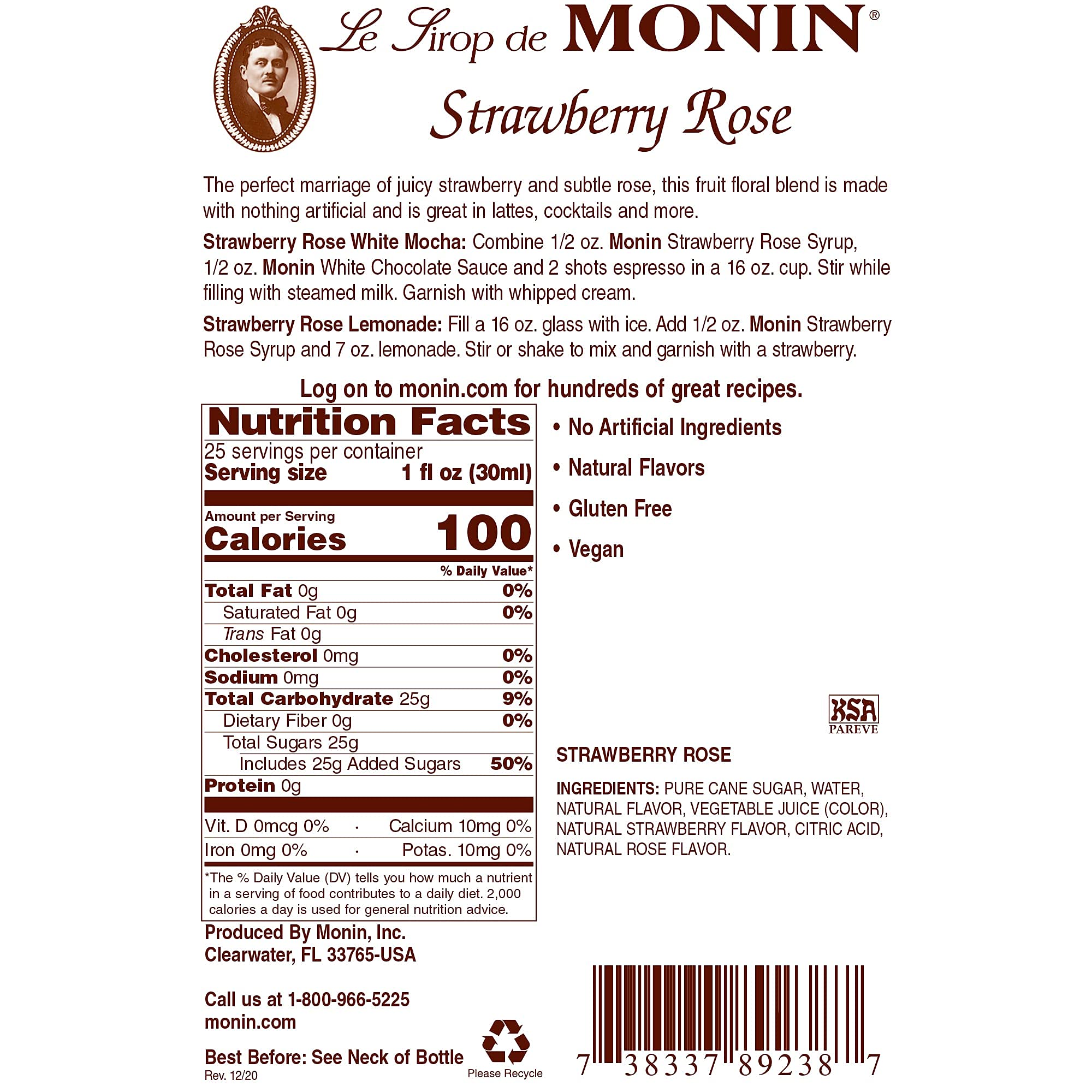 Monin Strawberry Rose Syrup - Natural Flavoring for Coffee, Lattes, Teas, Cocktails & Beverages | Perfect for Home Baristas & Mixologists (750ml) - Add Sweet Floral Notes to Drinks, Desserts & Baking