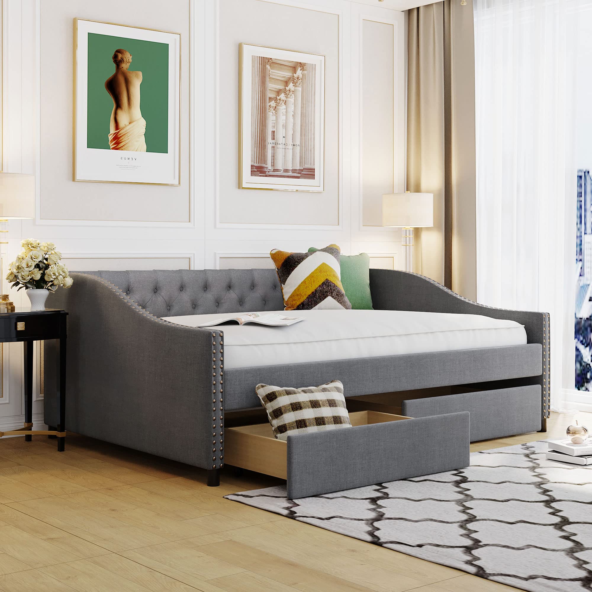 LZ LEISURE ZONE Full Size Upholstered Daybed with Storage Drawers & Wood Slat Support - Modern Gray Daybed for Guest Room, Dorm, or Small Space