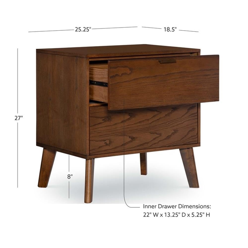 Linon Moore Nightstand with 2 Drawers, Tapered Legs - Medium Brown Wood Finish for Bedroom, Living Room, or Guest Room