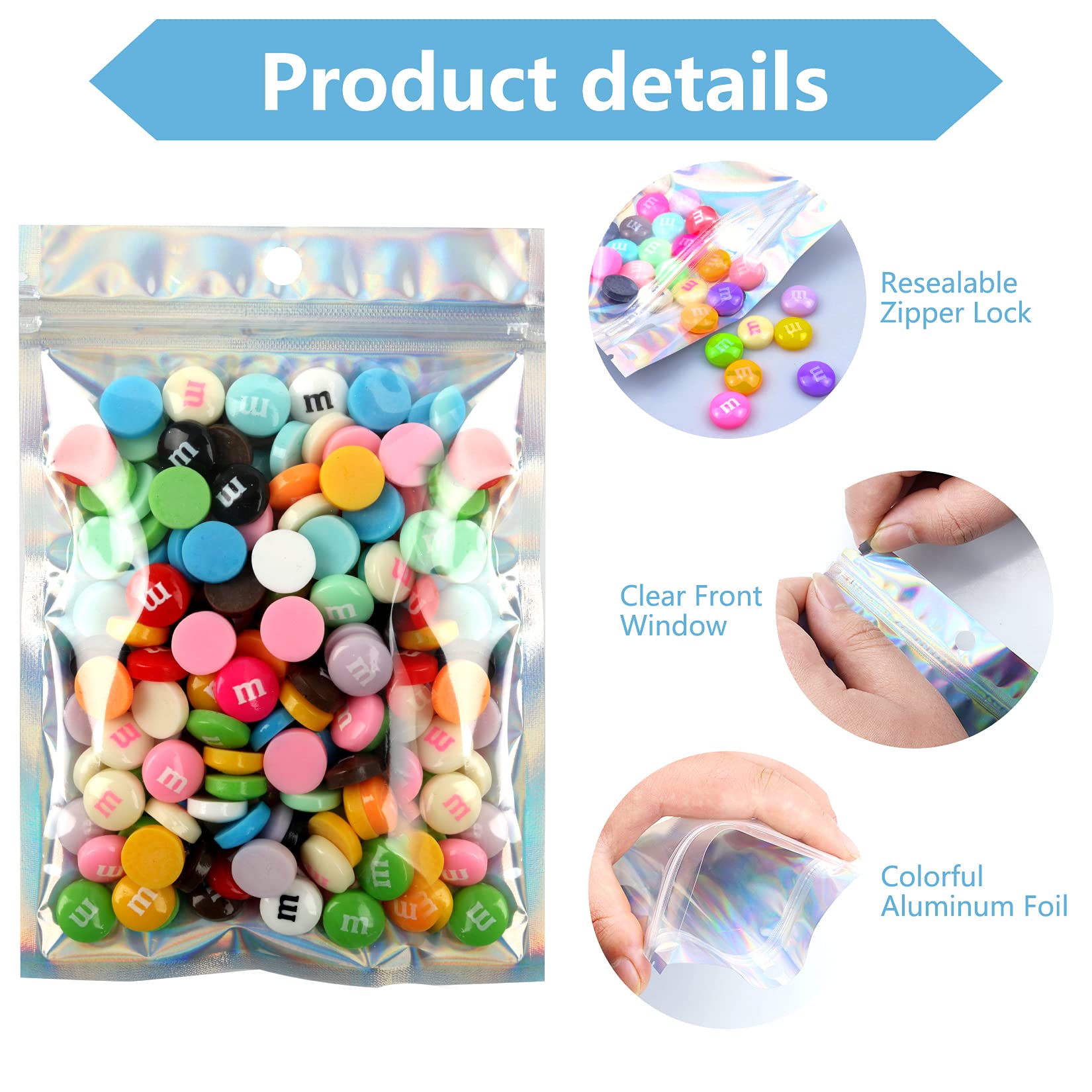 50 Pack 3'' x 4'' Holographic Zipper Bags - Resealable Smell Proof Mylar Bags for Food Storage, Candy, Cosmetics & Jewelry - Rainbow Color Small Packaging Bags for Small Business & Retail Use