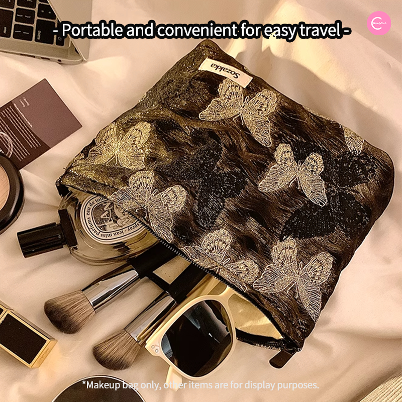 Blue Vip Hyovo Embossed Gold Silk Butterfly Makeup Bag - Elegant Cosmetic Pouch for Travel, Bridal Shower & Gift Giving