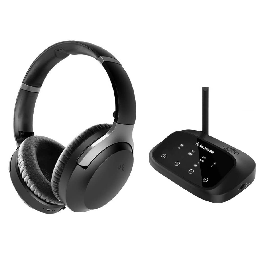 Avantree Oasis Plus Bluetooth Transmitter & Avantree Aria Me ANC Headphones Bundle - Wireless Audio Adapter for TV with Active Noise Cancelling Wireless Headphones - Perfect for Home Theater, Gaming & Travel