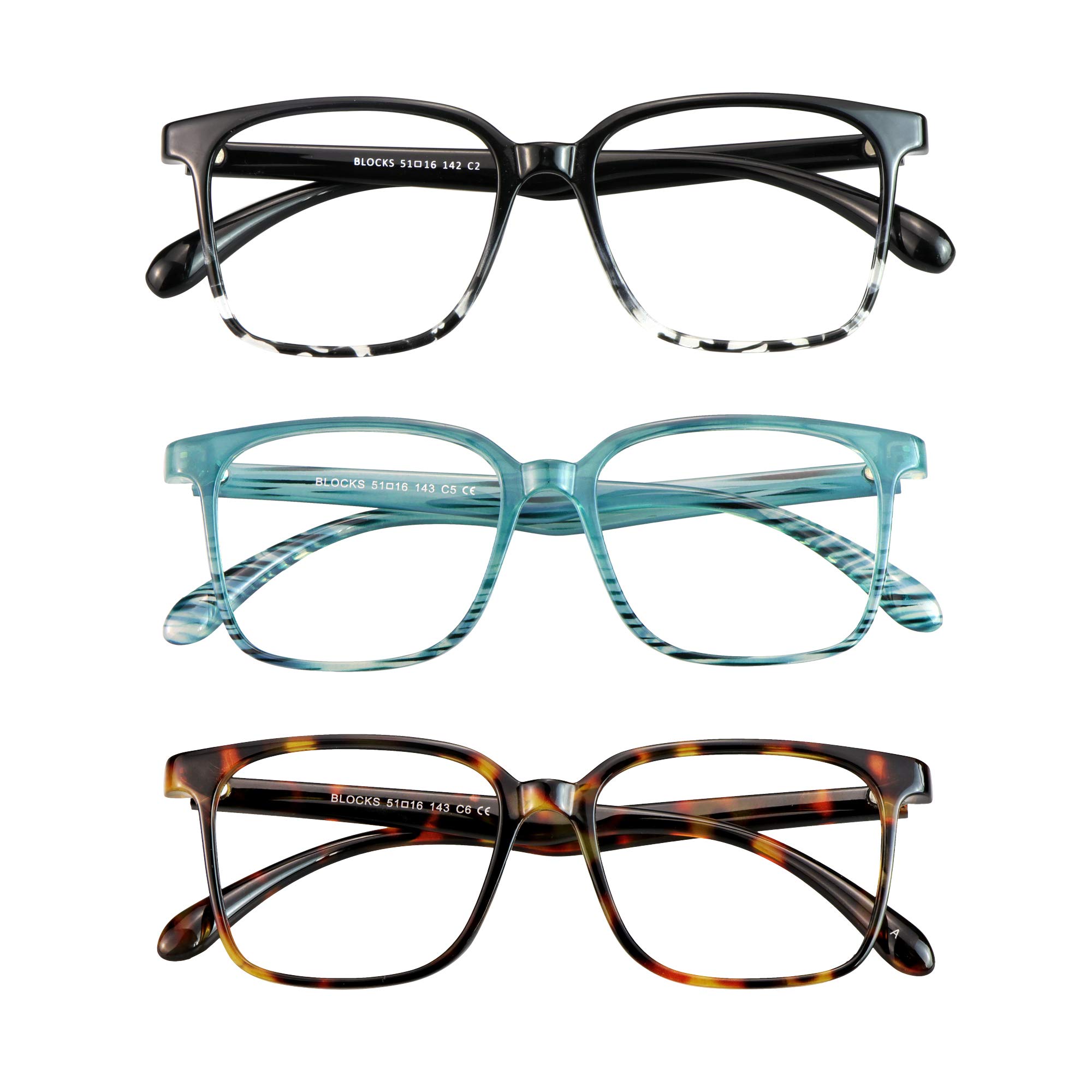 Blue Light Blocking Glasses 3 Pack - Square Frame Computer & Gaming Glasses for Men & Women - Anti Eyestrain Reading Glasses for Work, Study & Screen Time Protection