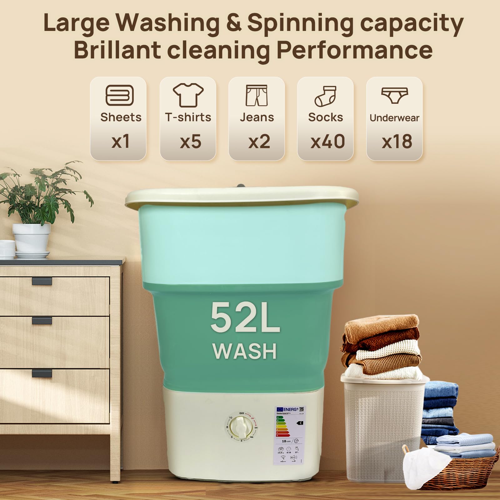 Portable Washing Machine 52L (16lbs) - Large Capacity Collapsible Washer with Drain Basket & UV Purple Light for Deep Cleaning - Perfect for Dorms, Apartments, RVs, Camping & Small Spaces