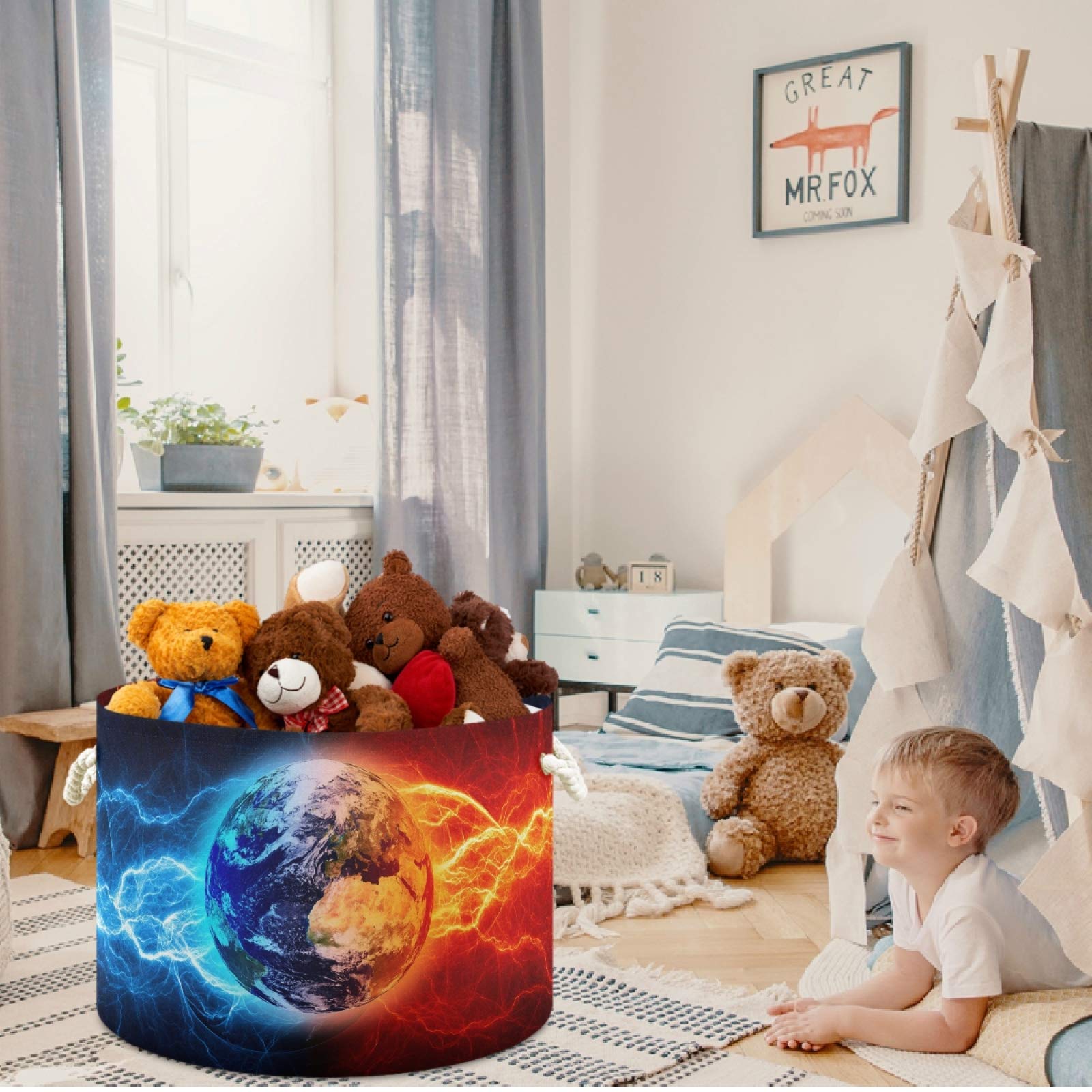 Visesunny Collapsible Storage Basket - Fire & Ice Lightning Design, Foldable Laundry Hamper for Kids Room, Nursery, Playroom, Bathroom & Living Room - Perfect for Organizing Toys, Clothes & Household Items