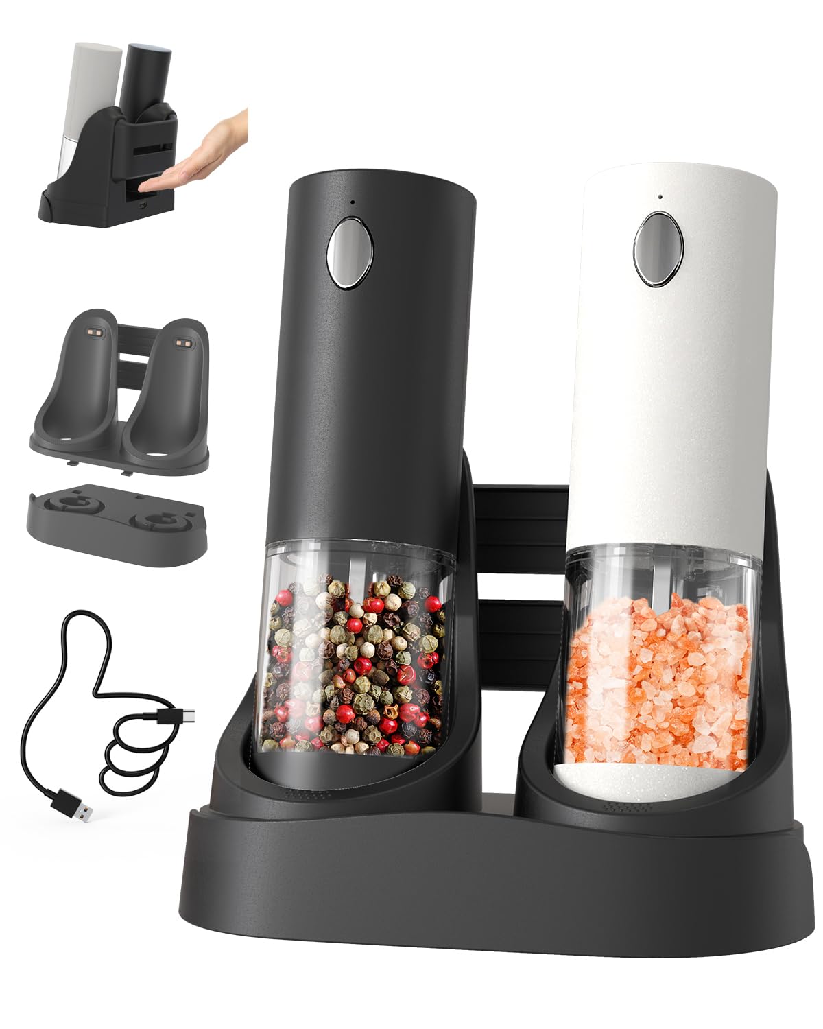 Premium Electric Salt and Pepper Grinder Set - USB Rechargeable with Adjustable Coarseness, LED Light & Charging Base - White & Black - Perfect for Kitchen, Dining Table & Gourmet Cooking