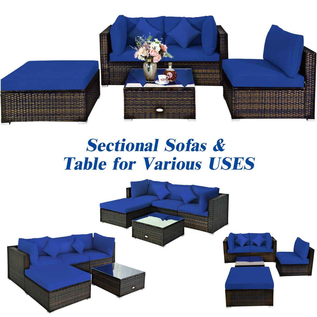 Tangkula 5-Piece Outdoor Patio Furniture Set - All-Weather Wicker Sectional Sofa with Cushions & Glass Table - Navy Blue Rattan Conversation Set for Backyard, Porch, Garden, Poolside & Deck Relaxation