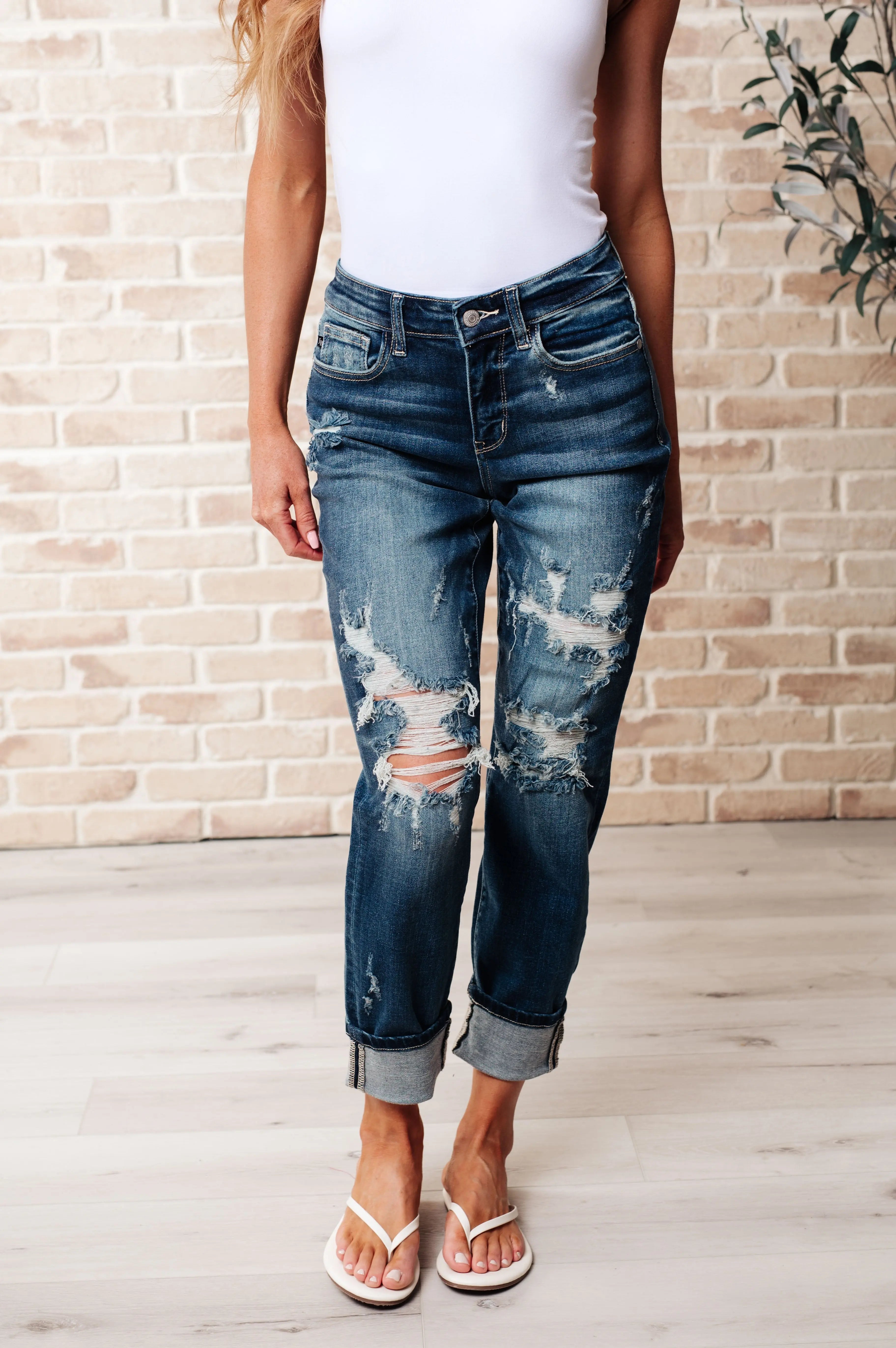 Danny Mid Rise Cuffed Destroyed Boyfriend Jeans for Women - Distressed Denim Pants with Comfortable Stretch - Perfect for Casual Outings, Street Style & Everyday Wear