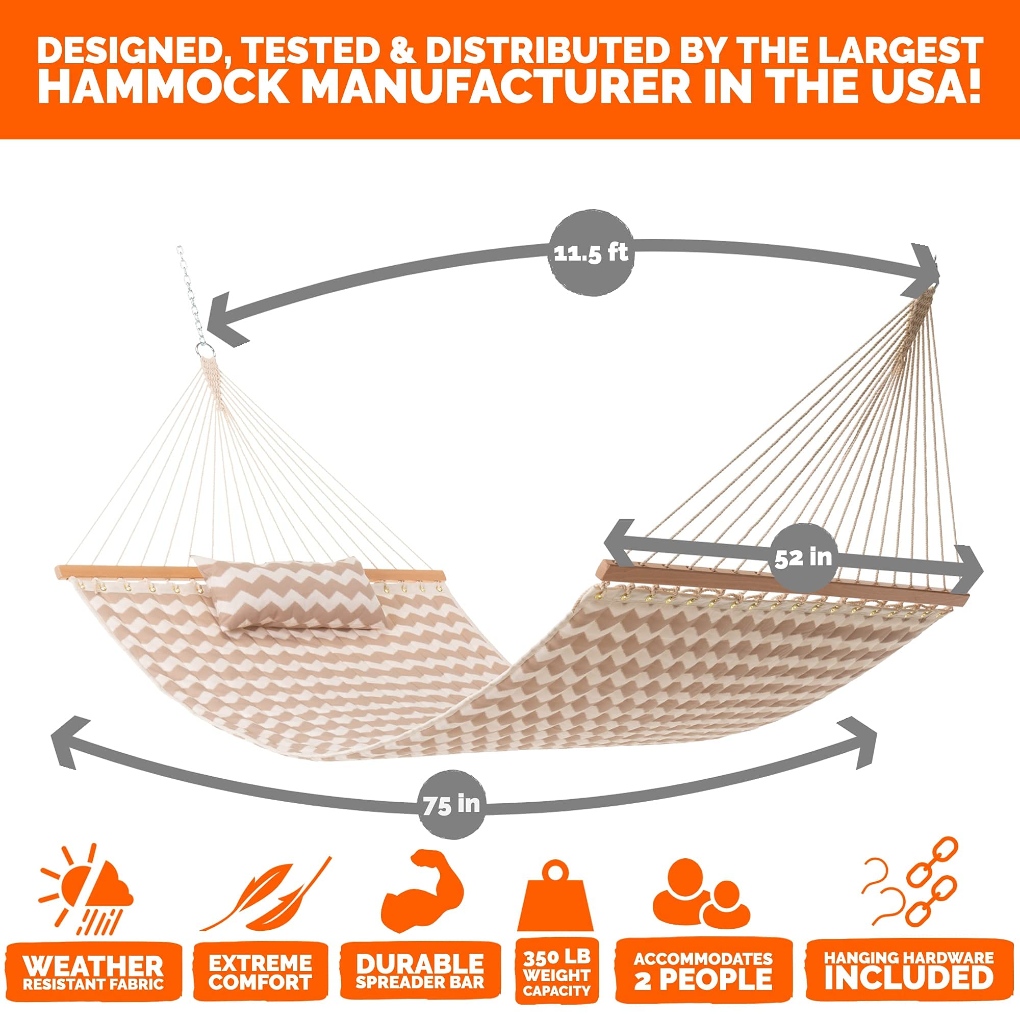 Castaway Living Large 11.5 ft Beige Chevron Polyester Quilted Hammock with Pillow - Includes Storage Bag, Extension Chains & Tree Hooks - 350 lb Weight Capacity - Perfect for Backyard, Patio, Camping & Beach Relaxation