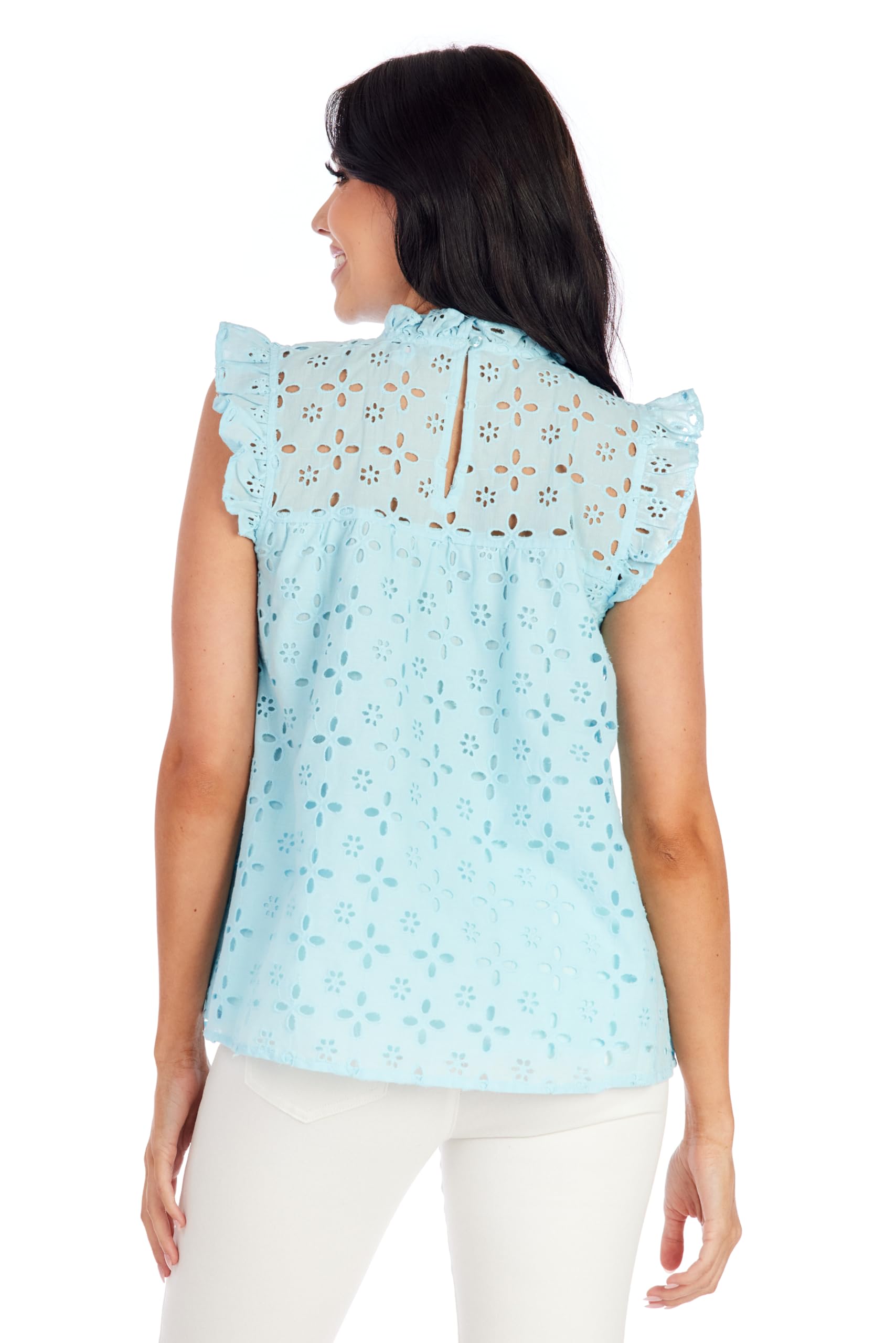 Mud Pie Women's Bianca Eyelet Tank Top - Floral Lace Trim Casual Summer Blouse for Beach, Vacation & Everyday Wear