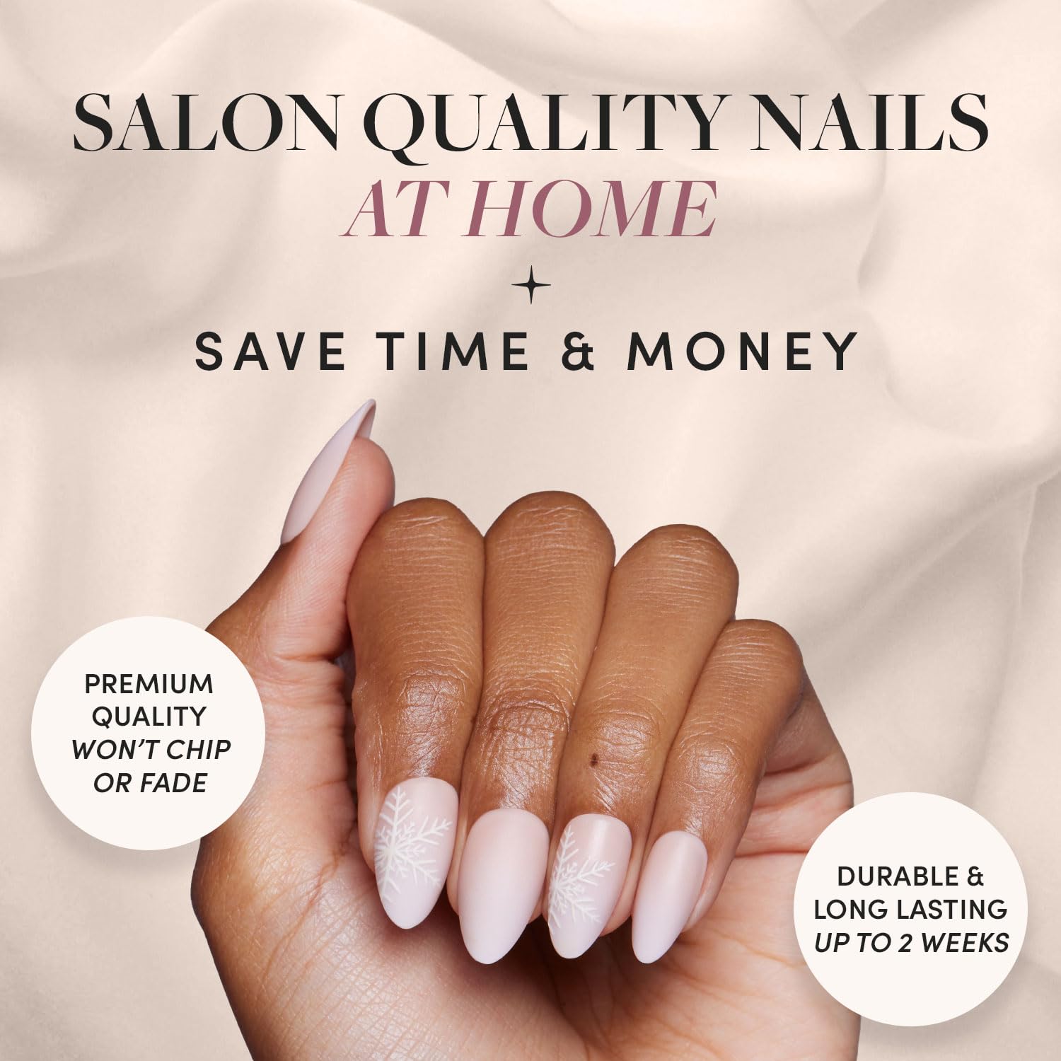 Glamnetic Press On Nails - Snowdrift | Opaque Gradient Ombre & Snowflake Design Short Almond Fake Nails, Reusable Stick On Nails with Glue | Salon Quality Manicure | 15 Sizes - 30 Piece Kit | Perfect for Holidays, Parties & Special Occasions