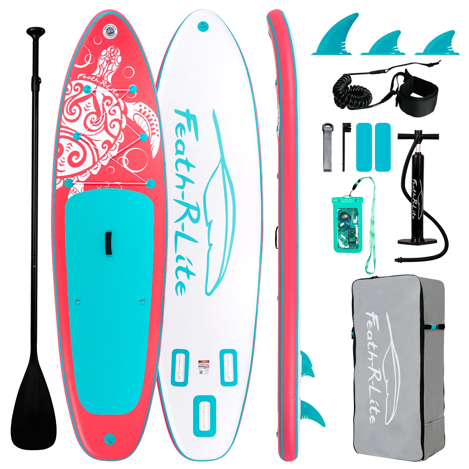 FEATH-R-LITE 10'x32''x6'' Ultra-Light Inflatable Stand Up Paddle Board (ISUP) with Complete Accessories Kit - Adjustable Paddle, Pump, Backpack, Leash & Waterproof Phone Bag | Perfect for Yoga, Fishing & Family Fun on Lakes, Rivers & Oceans