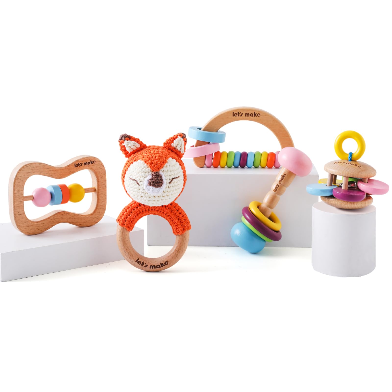 Organic Wooden Teething Rings for Babies - 5 Pack Natural Beechwood Teether Toys with Gift Box | Safe & Non-Toxic Infant Teething Relief for Soothing Sore Gums | Perfect Baby Shower Gift & Early Childhood Development Toy