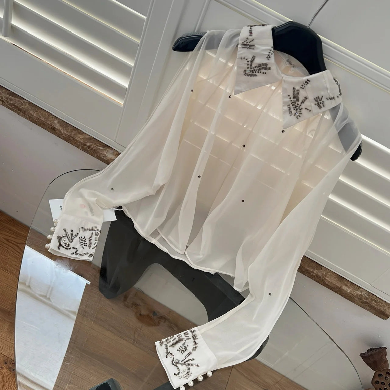 Elegant Beige Diamond Print Blouse for Women - Vintage French Style Long Sleeve Loose Fit Casual Top | Perfect for Autumn Office Wear, Date Nights & Fall Fashion Outfits
