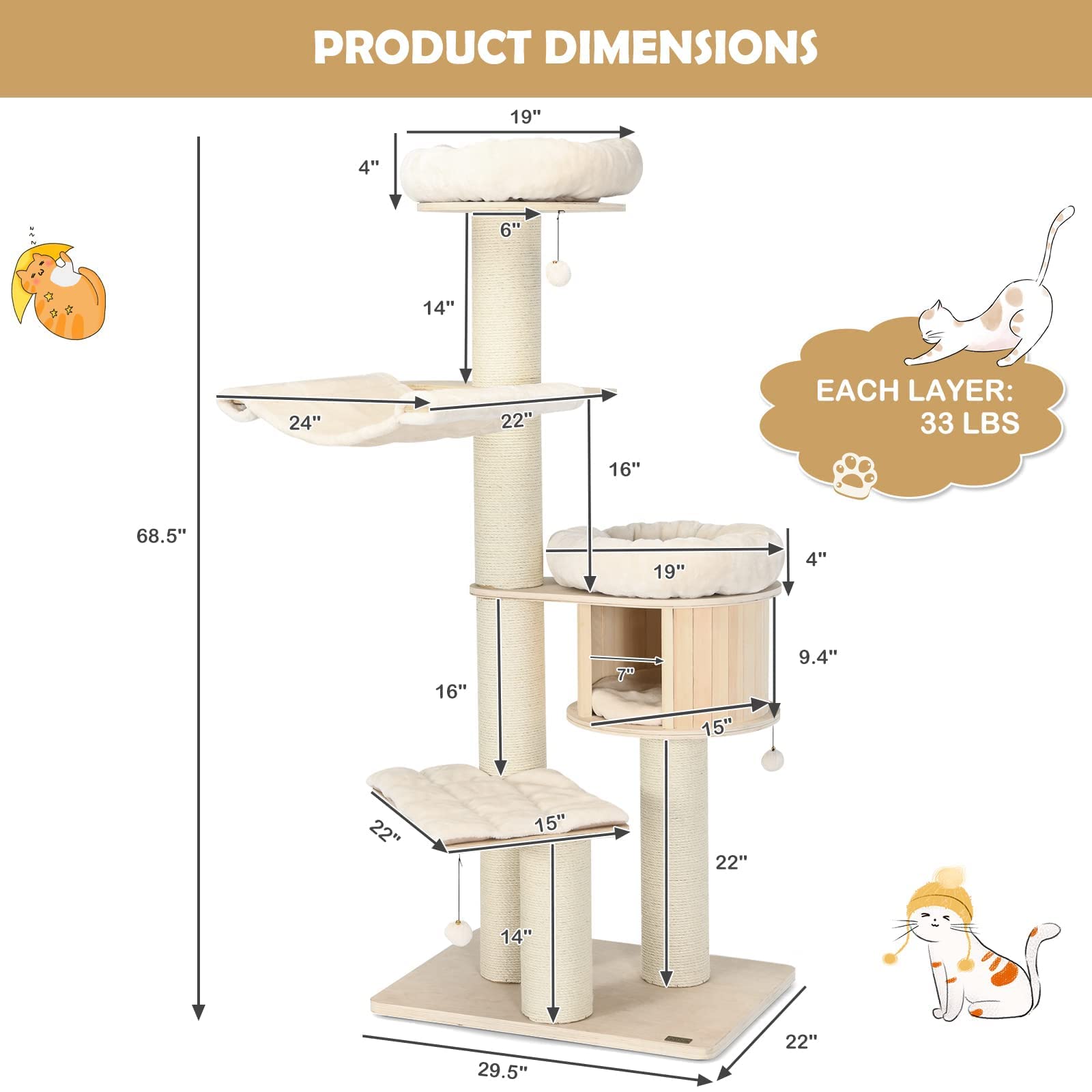 Tangkula Modern Multi-Level Cat Tree for Large Cats - Tall Wooden Cat Tower with Condo, Hammocks, Hanging Basket & Sisal Scratching Posts - Washable Cushions for Indoor Cats - Perfect for Play, Rest & Climbing in Home or Office