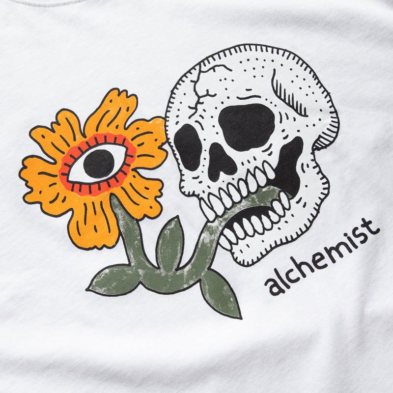 Alchemist Floral Skull T-Shirt for Men & Women | Gothic Graphic Tee | White Cotton Streetwear | Perfect for Halloween, Concerts & Alternative Fashion