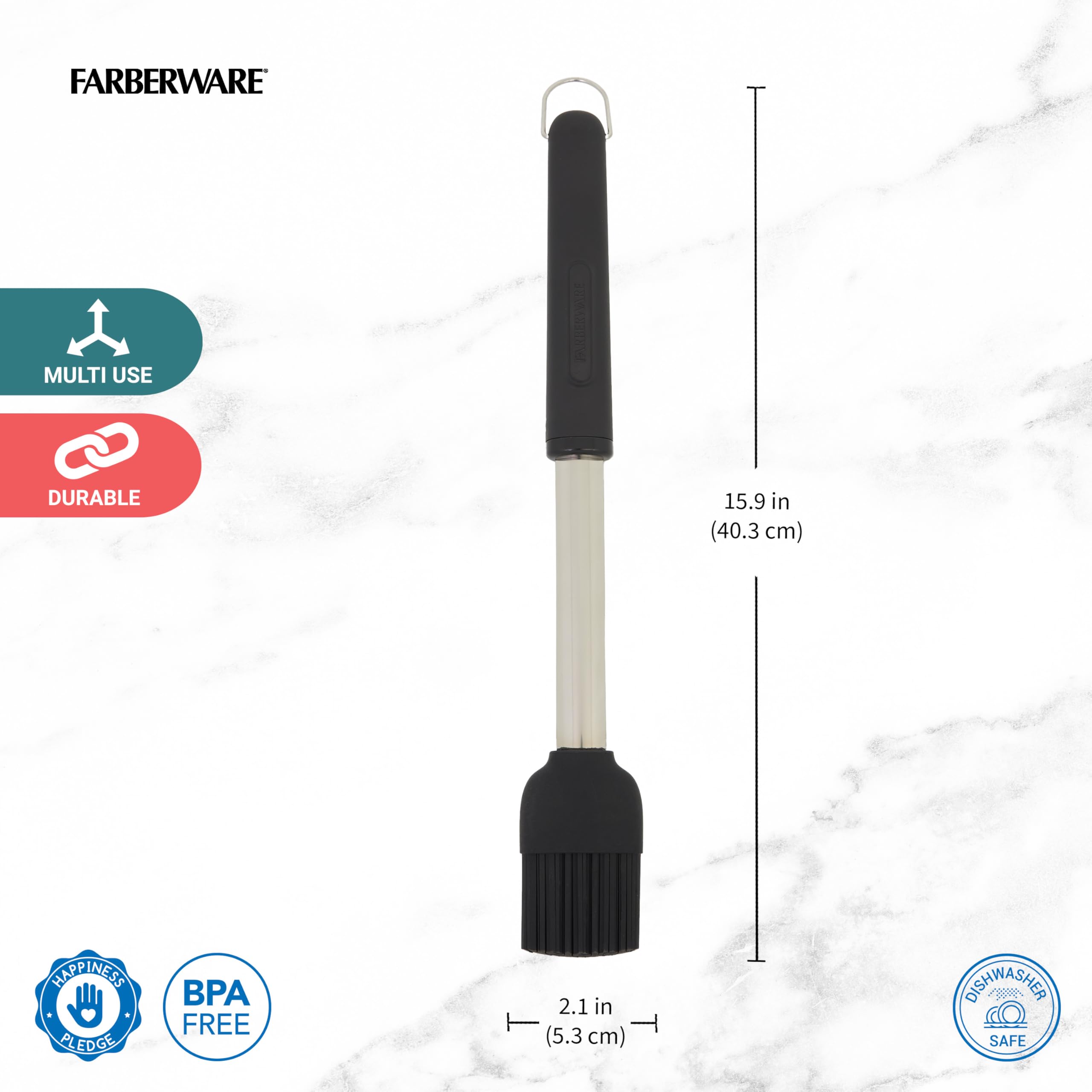 Farberware BBQ Basting Brush with Flexible Silicone Handle - Perfect for Grilling, Roasting, Basting Meats, Vegetables & Seafood - Dishwasher Safe & Includes Storage Ring - Ideal for Backyard BBQs, Camping & Outdoor Cooking