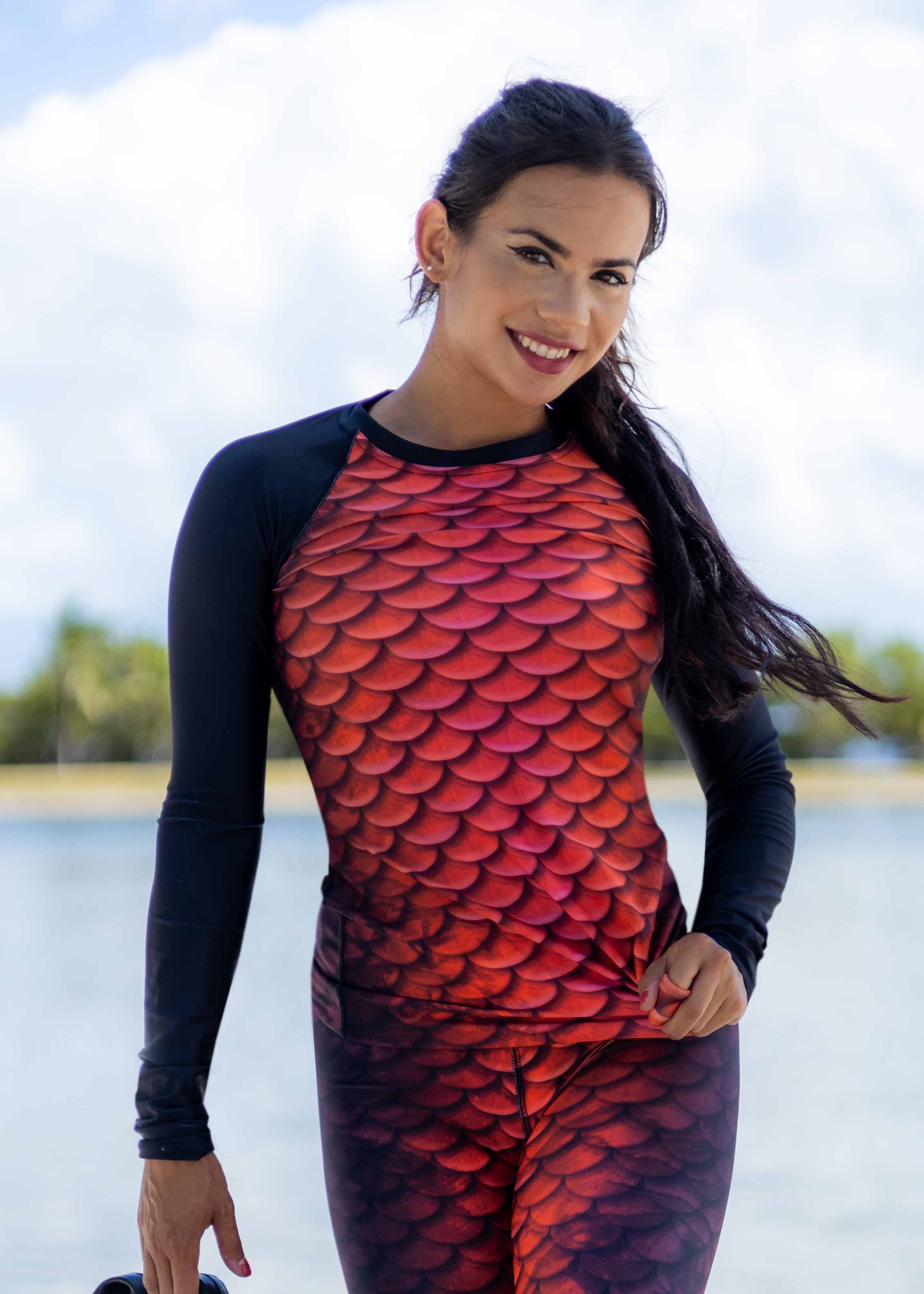 Flame Mermaid Rash Guard for Women & Men - UPF 50+ Sun Protection Swim Shirt - XL Size for Surfing, Swimming & Beach Activities