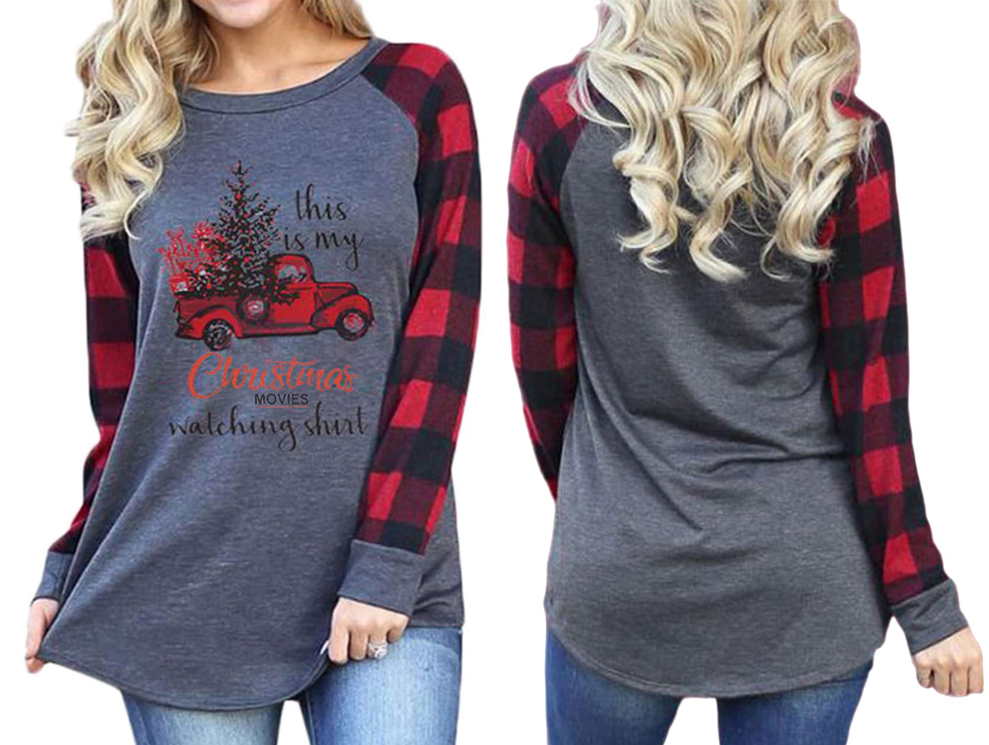 Women's Merry Christmas Shirts - Long Sleeve Plaid Raglan Graphic Tee for Holiday Movie Nights & Cozy Winter Outfits