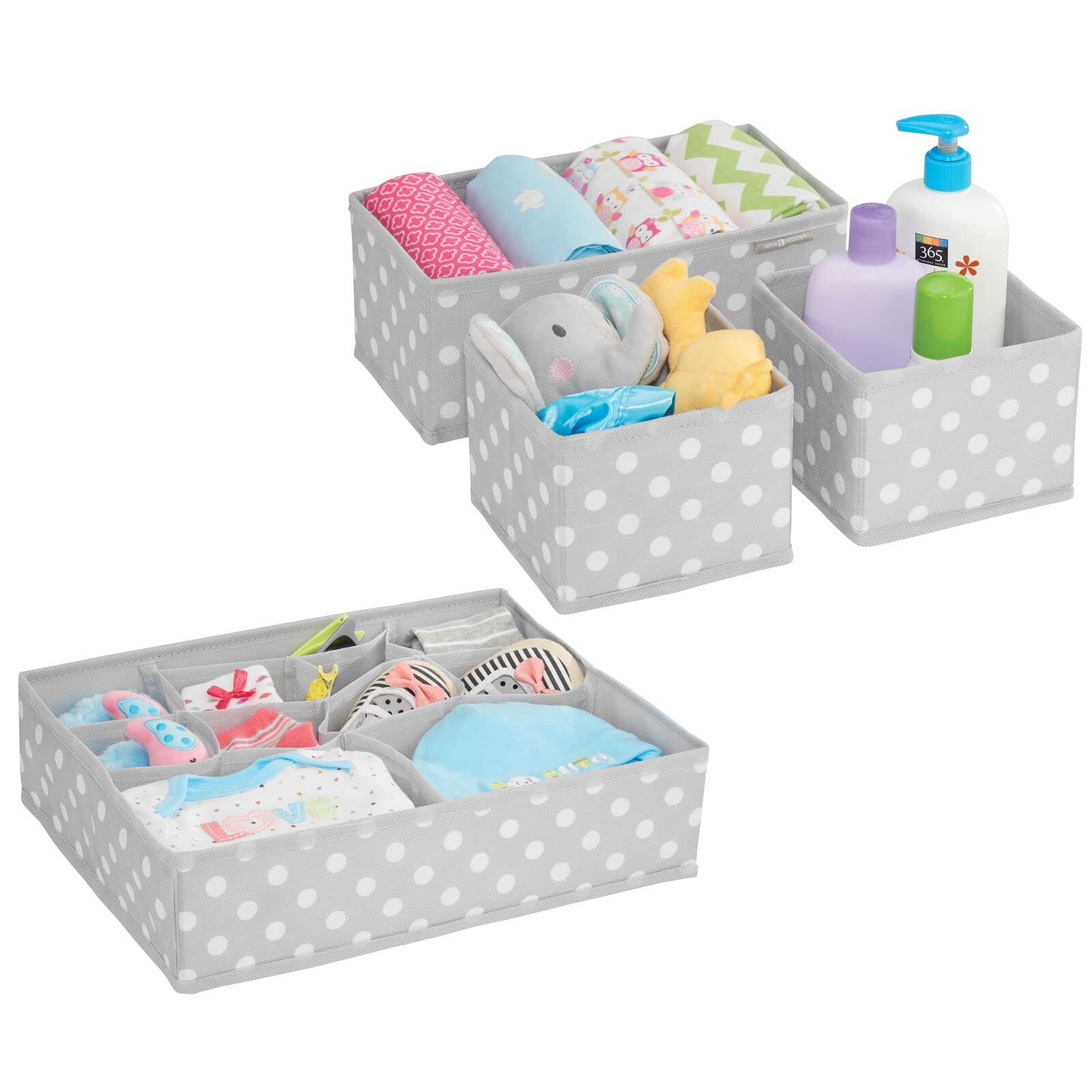 mDesign Fabric Drawer Organizer Bins - Set of 4 or 2 Pack, Gray/White Polka Dot - Perfect for Kids & Baby Nursery Dresser, Closet, Shelf & Playroom Organization - Holds Clothes, Toys, Diapers, Bibs & Blankets - Ideal for Home, Office & Daycare Storage Solutions