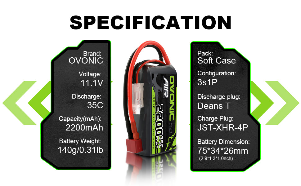 2 Pack OVONIC 3S 35C 11.1V 2200mAh Short LiPo Battery with T Plug - High Performance RC Battery for Airplane, Helicopter, Drone & RC Cars - Perfect for FPV Racing, Aerial Photography and Long Flight Time