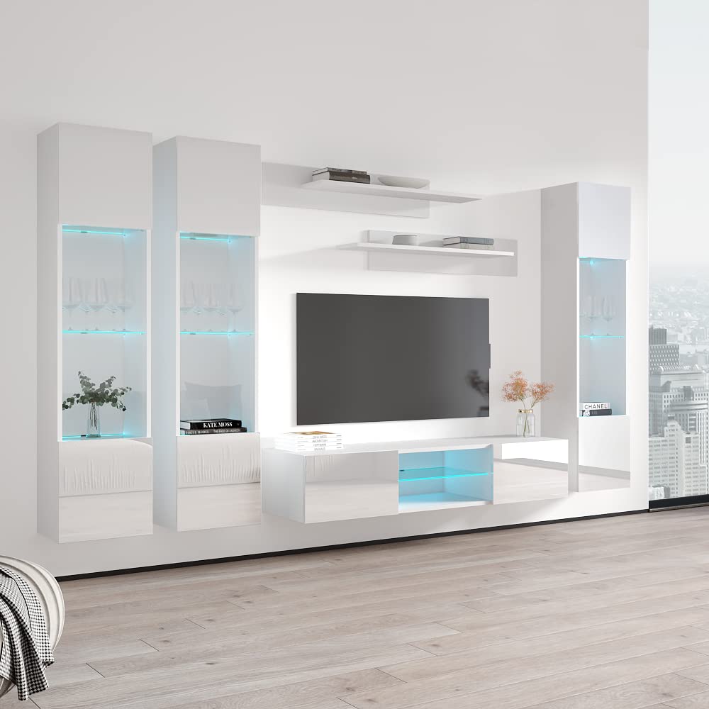 Fly CD3 33-Inch Wall-Mounted TV Stand - Modern Floating Entertainment Center with Storage Shelves & LED Lights for Bedroom & Living Room - White | Space-Saving Media Console for Small Apartments & Home Theaters
