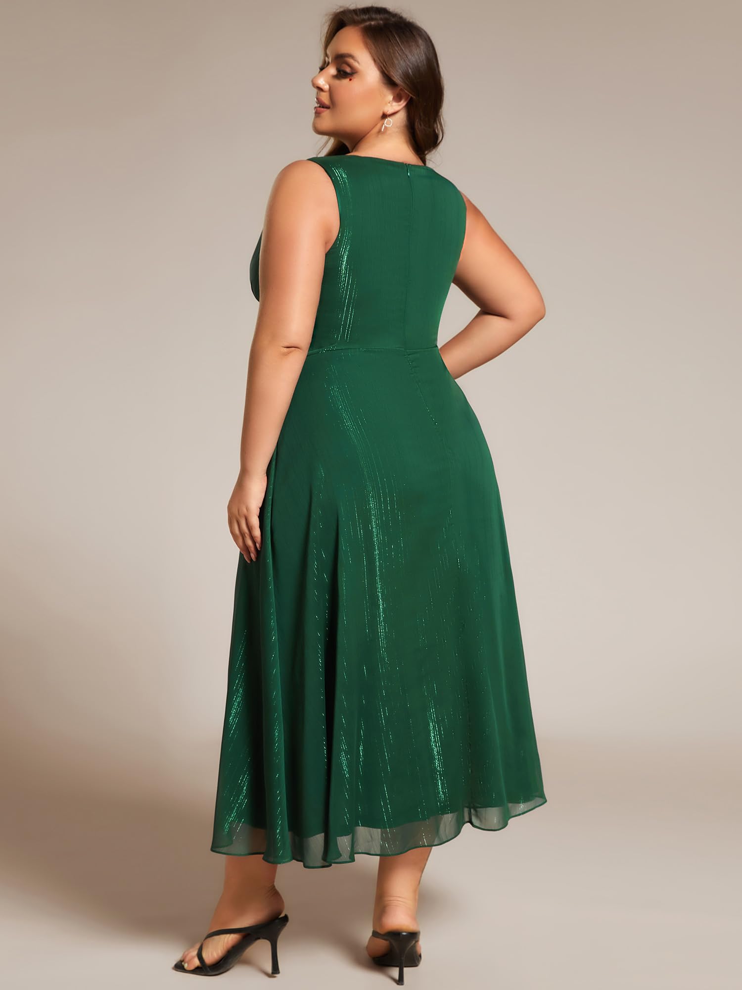 Ever-Pretty Women's Sleeveless V-Neck A-Line Pleated Plus Size Tea-Length Wedding Guest Dress 11977-DA | Elegant Formal Occasion & Special Event Attire for Bridesmaids, Parties, and Evening Gatherings
