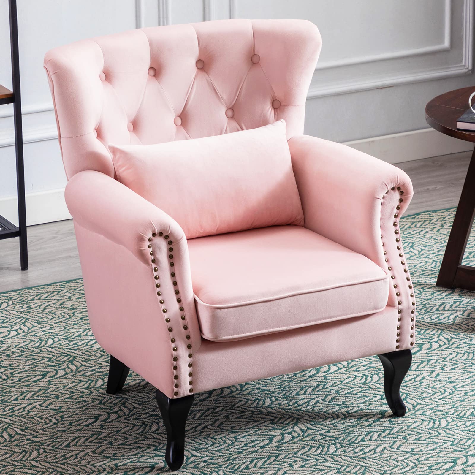 Mid-Century Modern Accent Reading Arm Chair - Velvet Pink Wingback Club Chair with Button Tufted Back & Lumbar Pillow - Comfy Corner Sofa for Living Room, Bedroom, Office Waiting Area - Perfect for Relaxing, Reading & Lounge Spaces