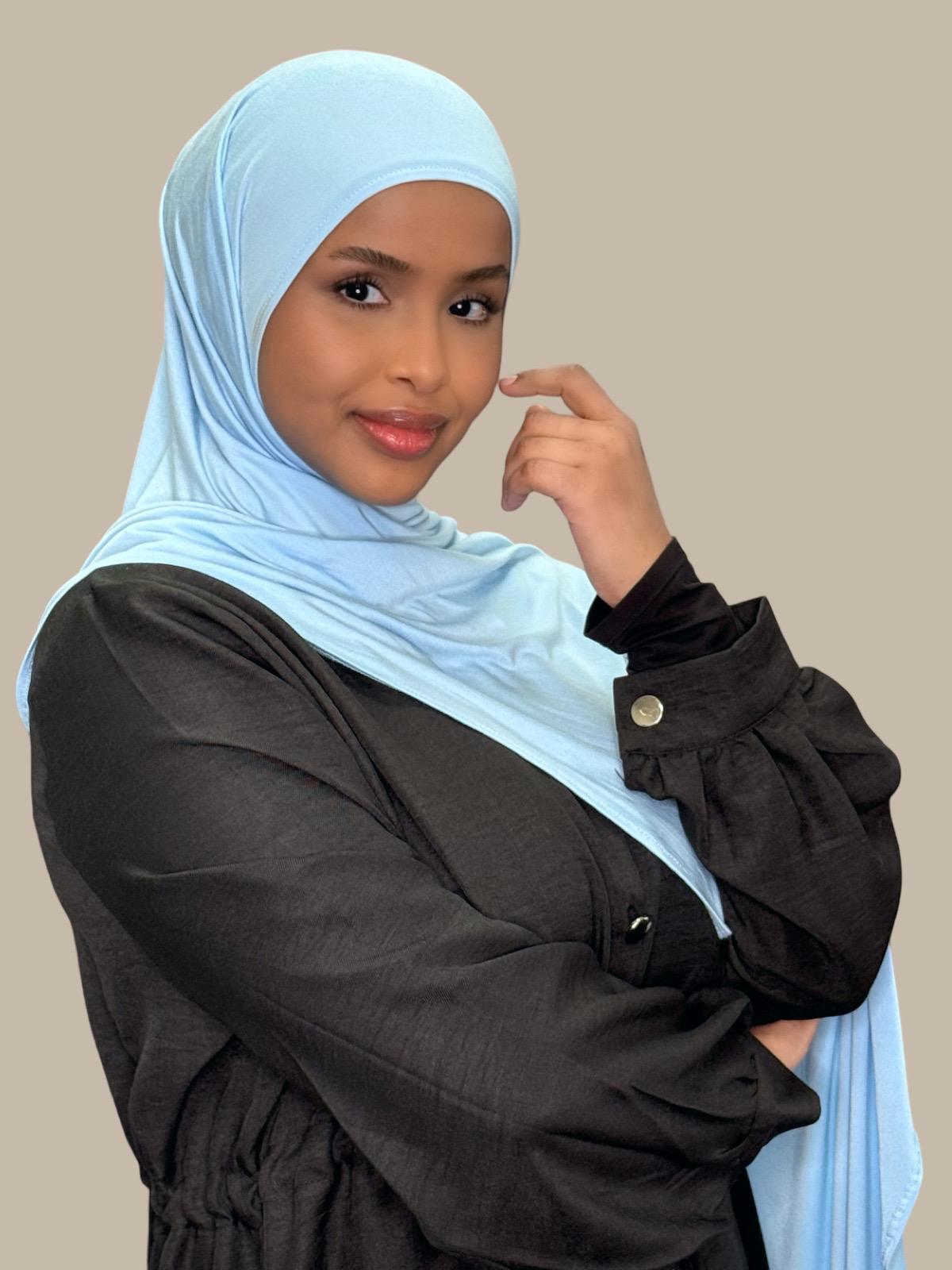 Pre-Sewn Jersey Hijab in Baby Blue - Soft & Comfortable Muslim Headscarf for Women - Perfect for Daily Wear, Prayer, and Special Occasions