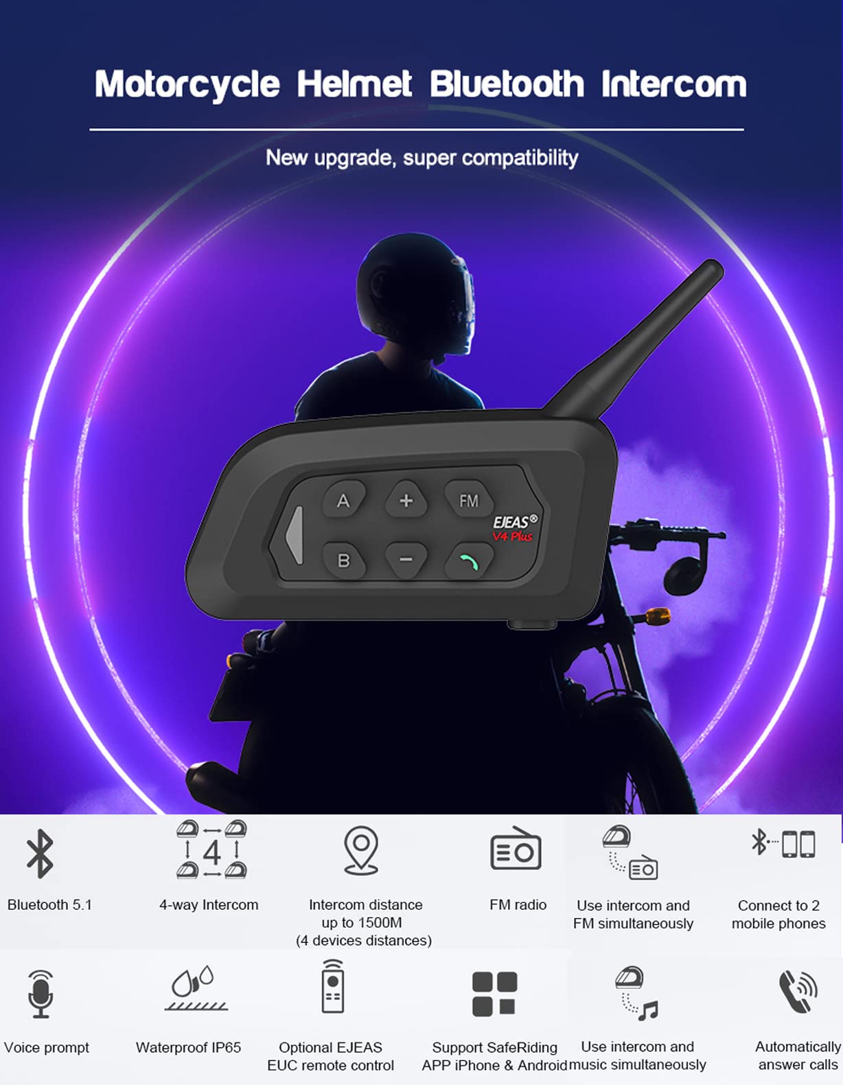 V4 Plus Motorcycle Bluetooth Helmet Intercom Headset - 4 Pack, 4-Way Group Communication System for Motorcycle Riders, Soccer Referees, Skiing & ATV/Off-Road Adventures - Hands-Free Wireless Headset for Safe Riding & Outdoor Sports