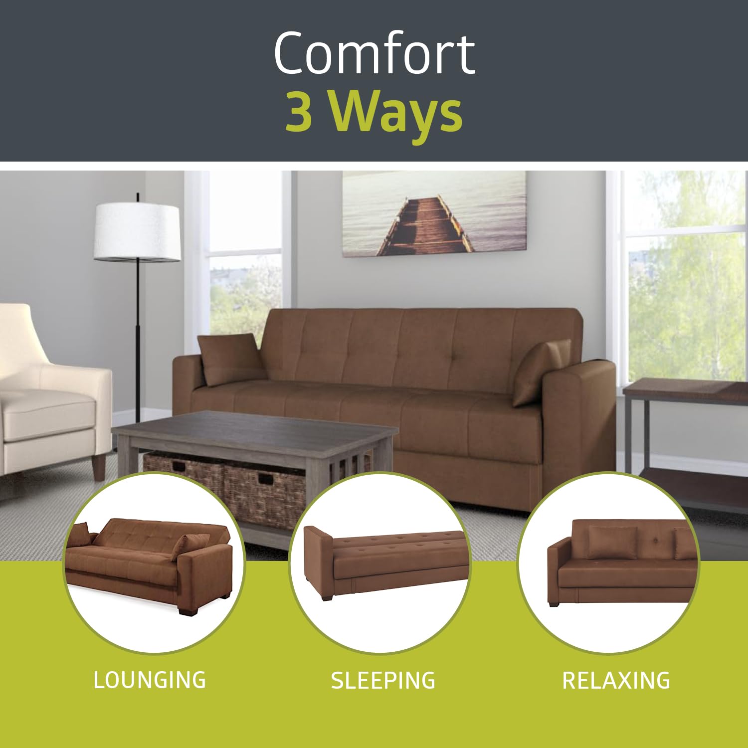 Pearington Mia Sofa Bed - Convertible Microfiber Futon Couch Sleeper with Under Seat Storage, Multi-Position Lounger for Bedroom, Living Room & Office - Mocha Brown | Perfect for Small Spaces, Guest Rooms & Studio Apartments