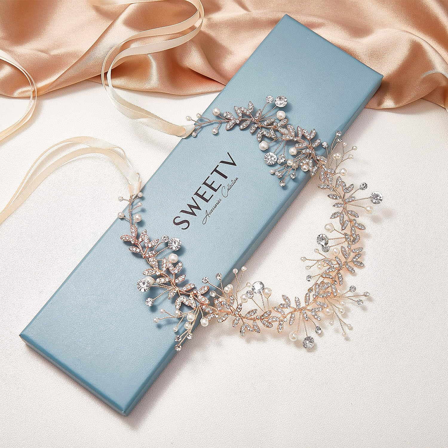 SWEETV Rose Gold Crystal Wedding Headband with Pearls & Rhinestones – Elegant Bridal Hair Vine for Women, Perfect for Weddings, Prom, and Formal Events