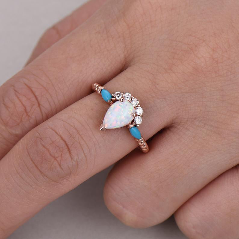 Vintage Art Deco Rose Gold Pear Shaped Opal Engagement Ring with CZ Diamond & Turquoise Accents – Elegant Bridal Jewelry for Women, Wedding, Promise, Anniversary Gift – Perfect for Proposals, Romantic Occasions & Special Celebrations