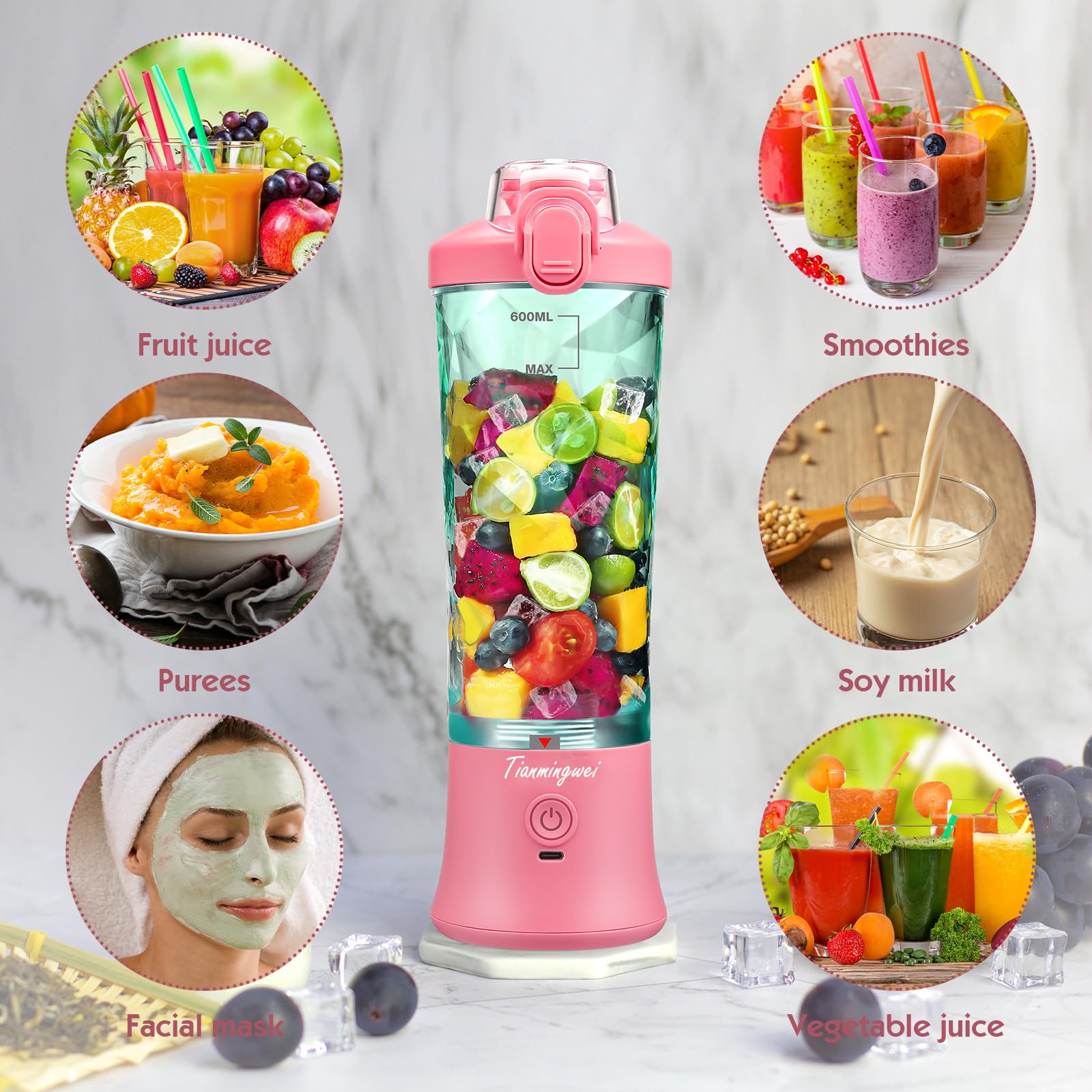 Portable USB Rechargeable Blender - 20oz Personal Mini Juicer for Smoothies, Shakes, Baby Food & Nut Mixing | High Speed Travel Blender with Leak-Proof Lid | Perfect for Gym, Office, Travel & Home Use