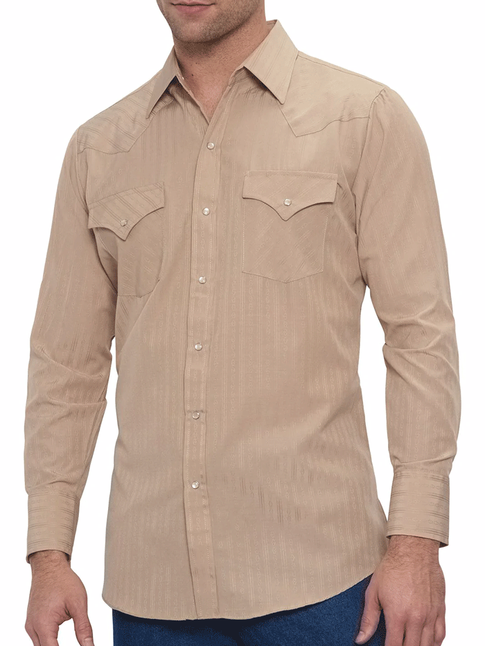 Ely Cattleman 15201934 28 Men's Long Sleeve Western Shirt - Khaki Tone-on-Tone Plaid for Cowboy, Rodeo & Country Style Fashion
