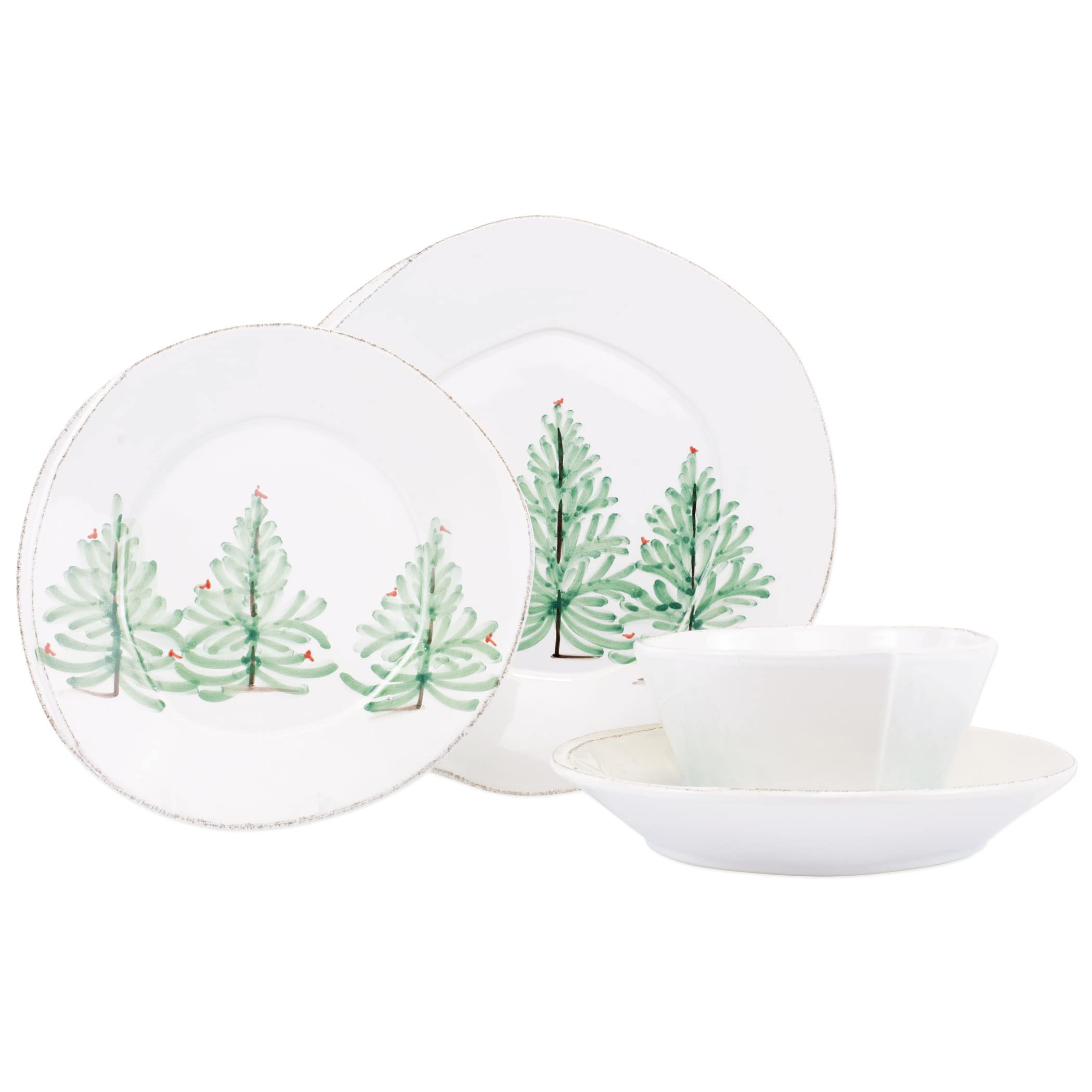 Vietri Lastra Holiday White and Green 4-Piece Dinnerware Set - Ceramic Bowls & Plates for Cereal, Pasta, Salad & Dinner | Elegant Table Setting for Holidays & Special Occasions