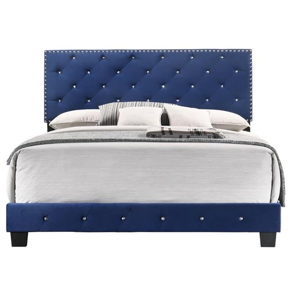 Glory Furniture Suffolk Velvet Upholstered Queen Bed Frame in Navy Blue - Luxurious Bedroom Furniture for Master Bedroom & Guest Room
