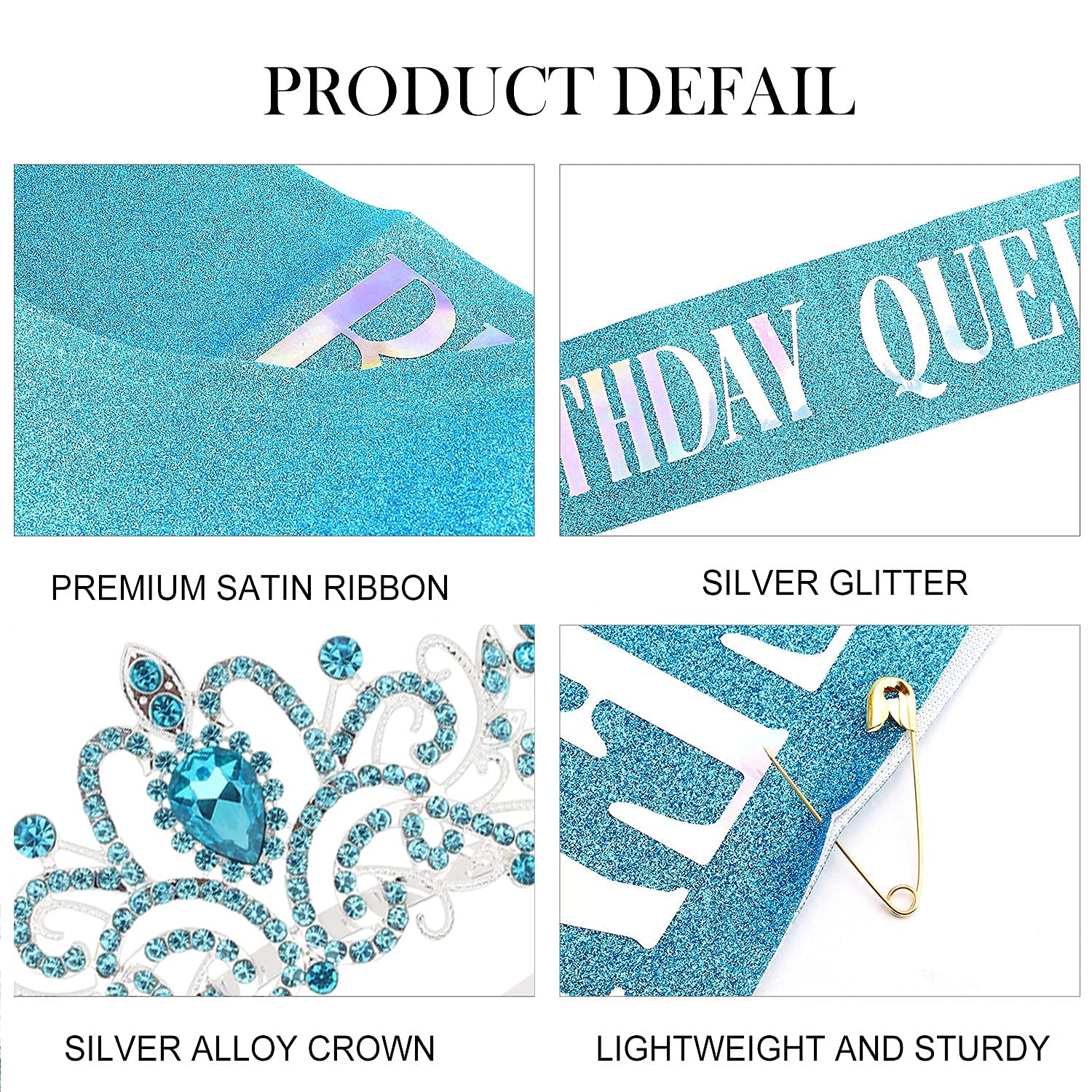 COCIDE Birthday Queen Sash & Crystal Tiara Set - Silver Crown for Women, Blue Rhinestone Headband & Glitter Sash for Girls Party | Perfect for Birthday Celebrations, Bachelorette Parties & Pageant Events