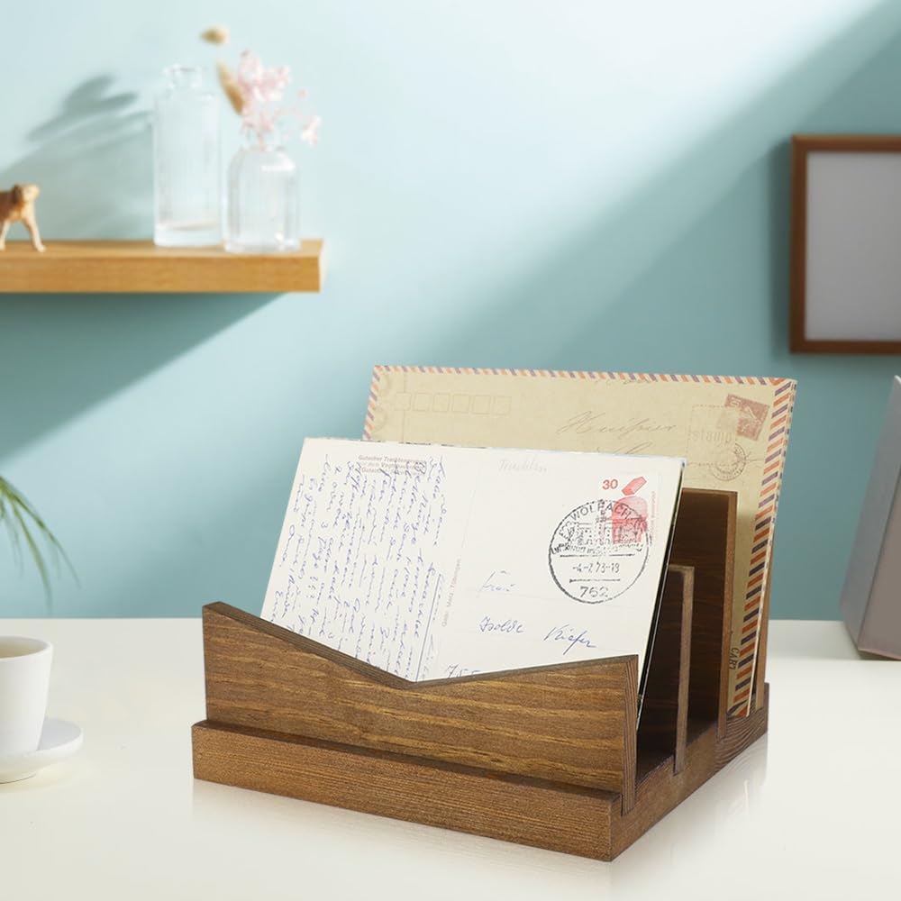 Picowe Wooden Desk Mail Organizer - 3-Slot Letter & Envelope Holder for Home Office - Perfect for Bills, Documents, and Mail Sorting