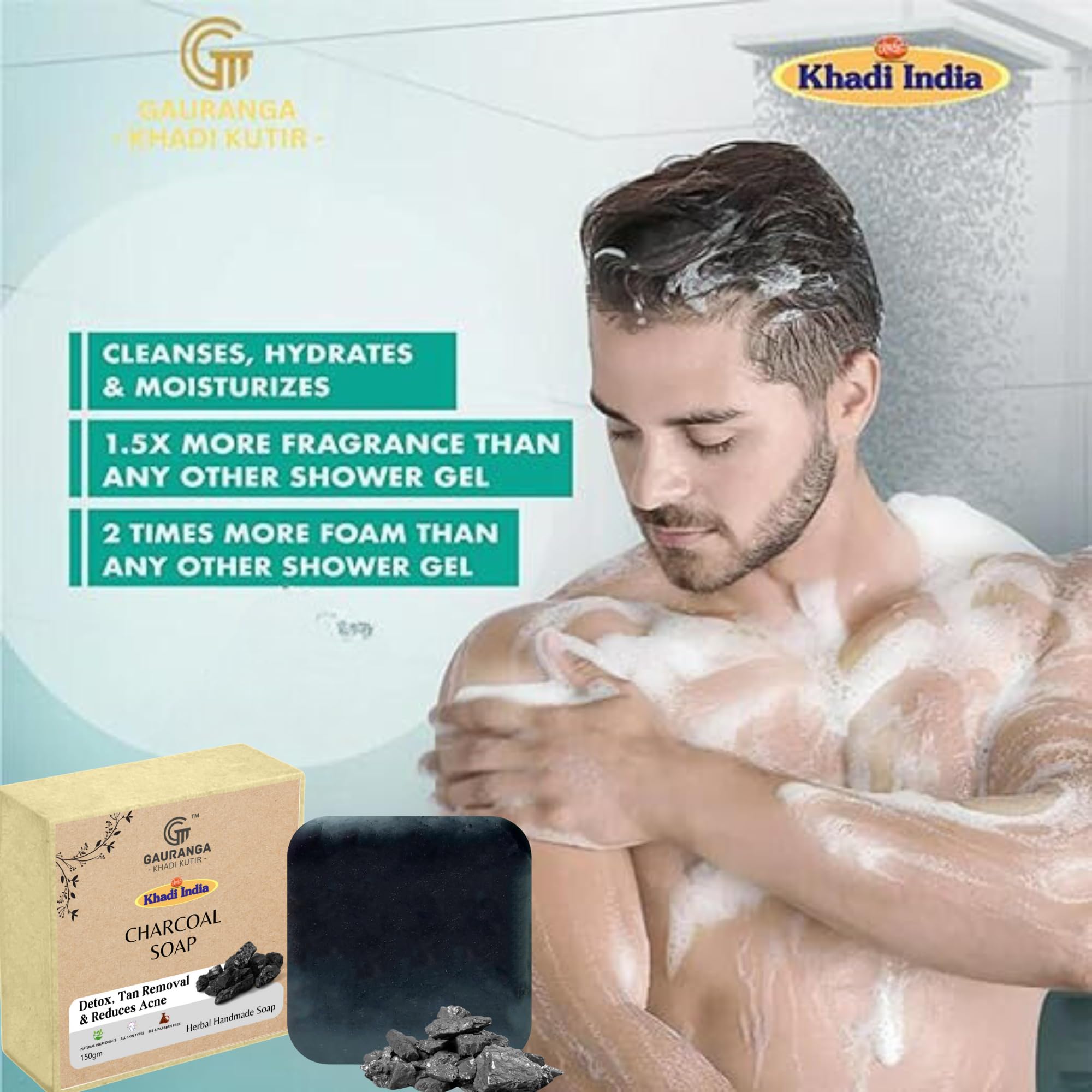 Khadi Activated Charcoal & Tea Tree Oil Soap - 3 Pack (75g Each) for Acne-Free, Bright Skin | Natural Detox & Tan Removal Face & Body Wash | Perfect for Daily Skincare & Deep Cleansing Routine