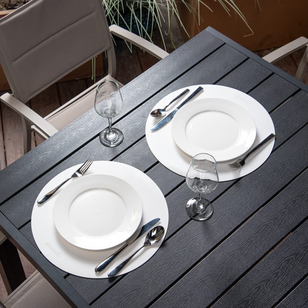 16 Inch Round Vinyl Placemats Set of 6 - Stain-Resistant White Table Mats with Embossed Leather-Like Texture for Dining Tables, Kitchen Countertops & Restaurants - Surface Protection & Easy Clean