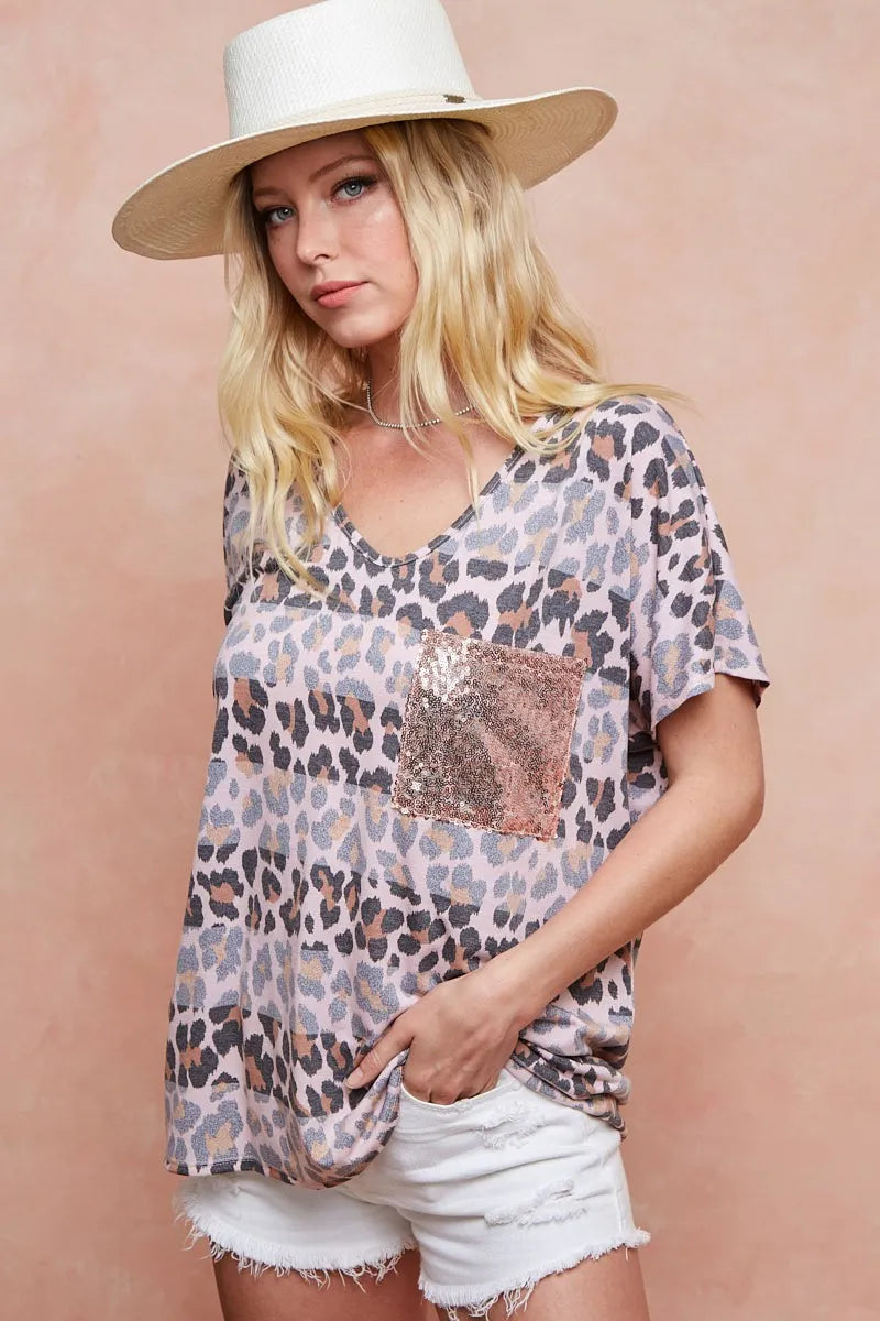 BiBi Leopard Stripe Printed Jersey T-Shirt for Women - Soft Cotton Casual Tee - Perfect for Streetwear, Lounge & Everyday Outfits